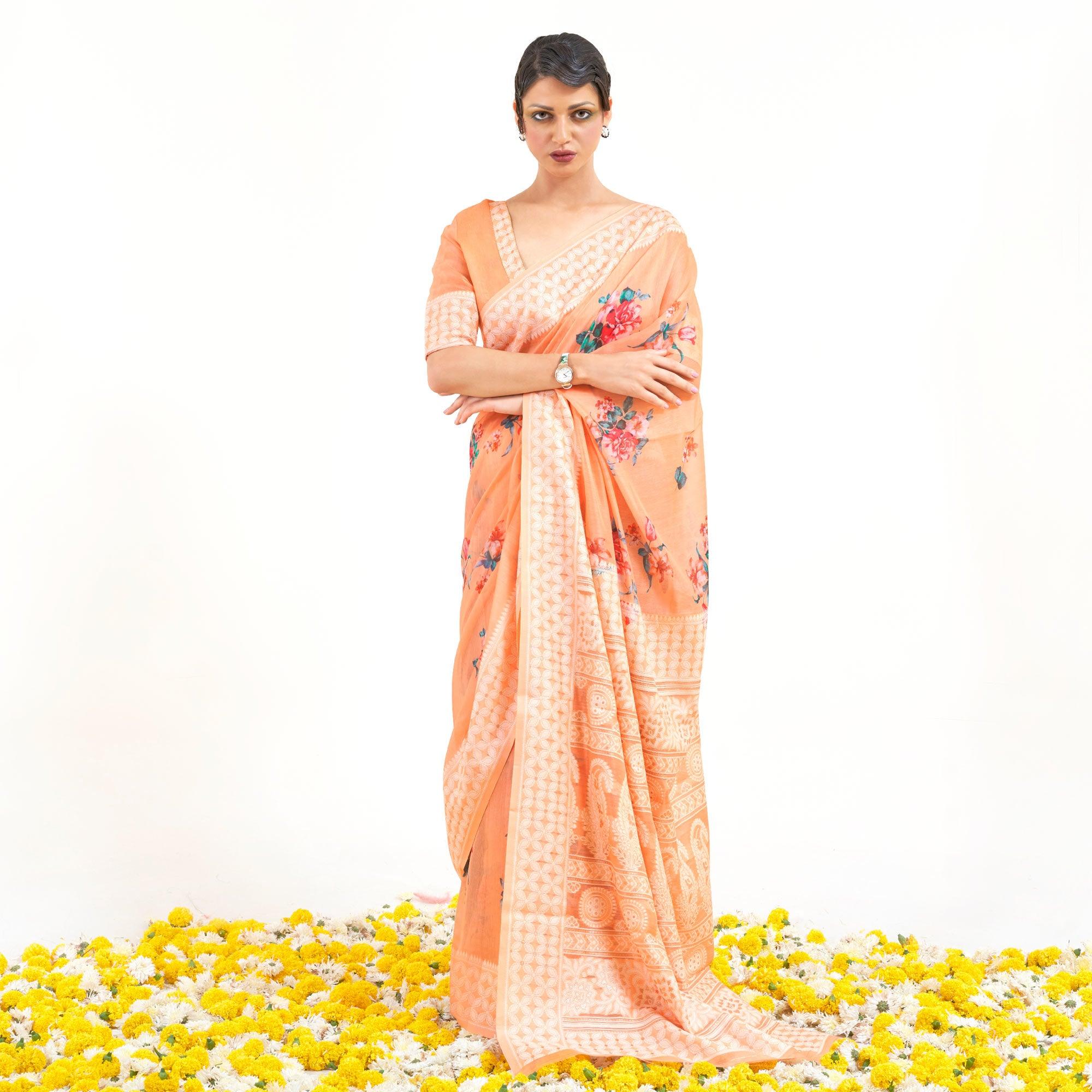 Peach Partywear Digital Printed Chanderi Saree - Peachmode