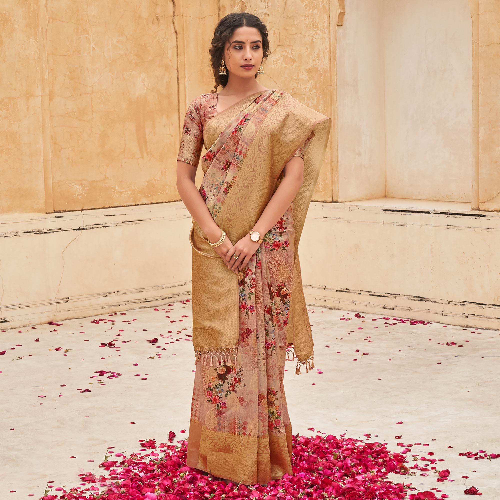 Peach Partywear Digital Printed Silk Saree - Peachmode