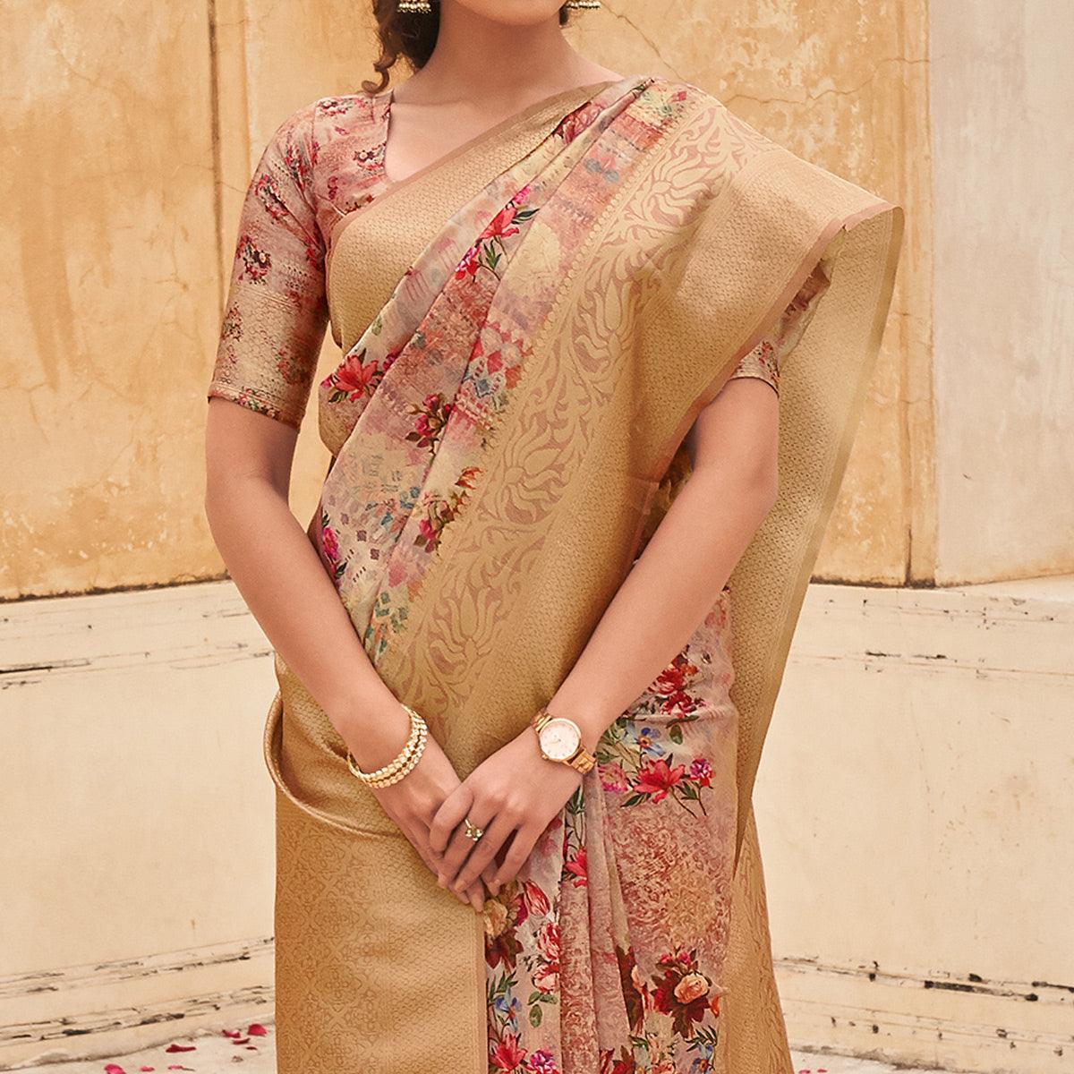 Peach Partywear Digital Printed Silk Saree - Peachmode