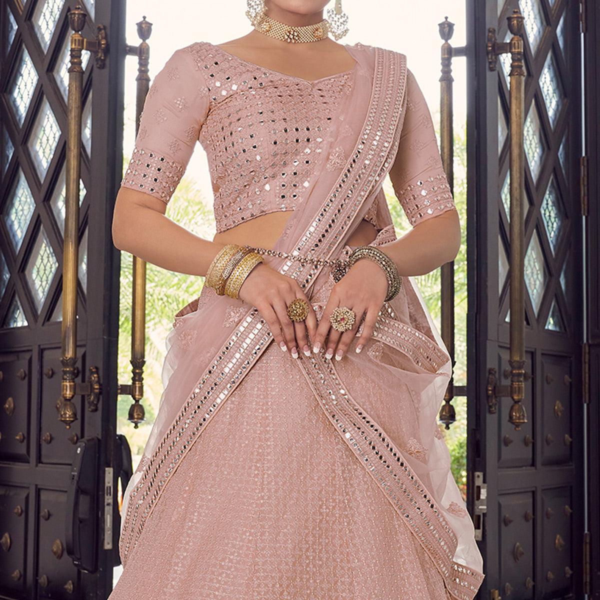 Peach Partywear Embellished Georgette Lehenga Choli - Peachmode