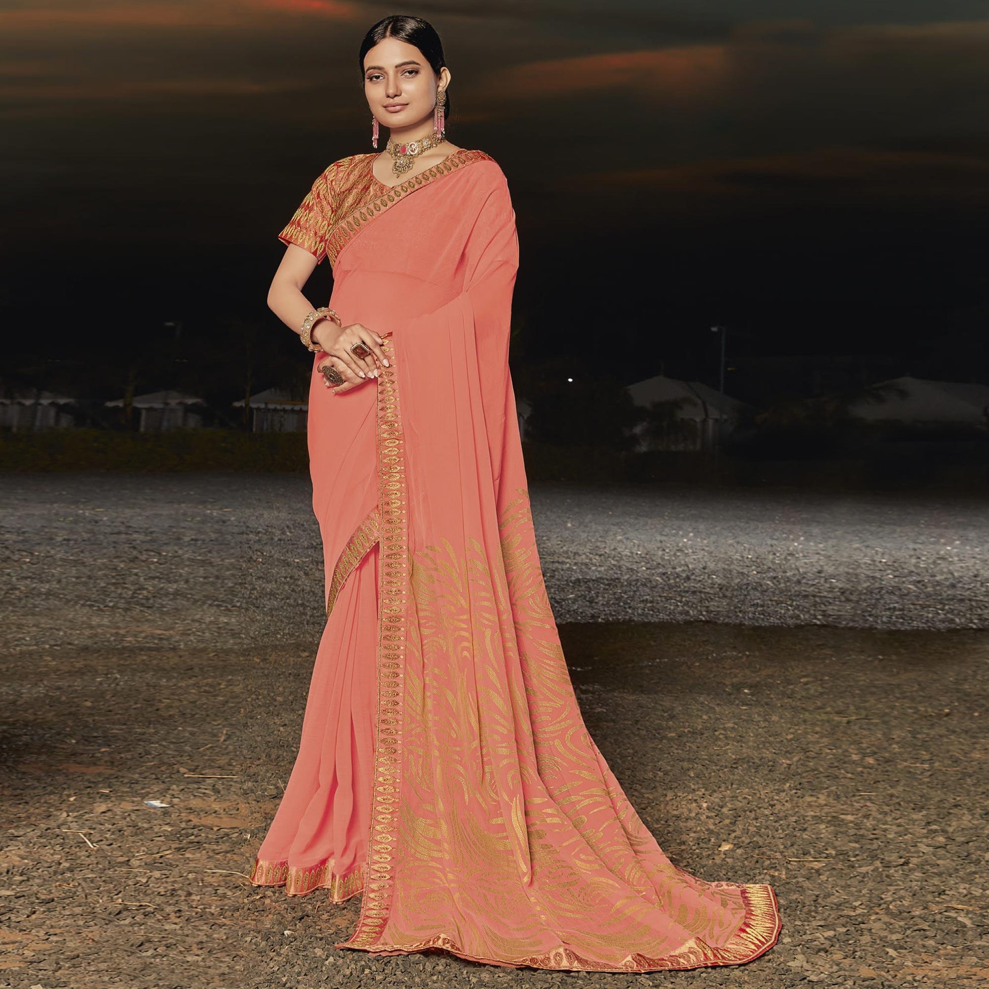 Peach Partywear Embellished Georgette Saree - Peachmode