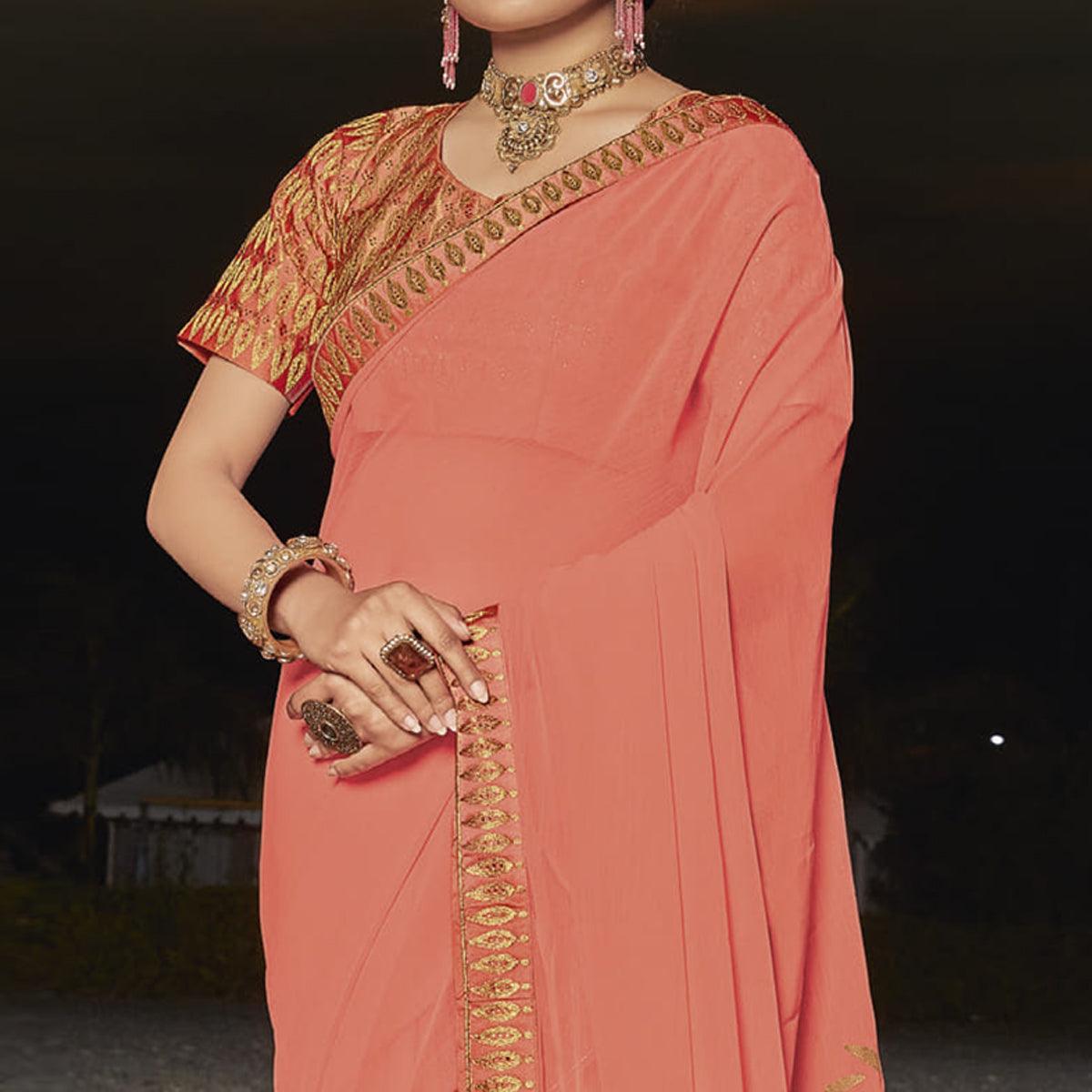 Peach Partywear Embellished Georgette Saree - Peachmode