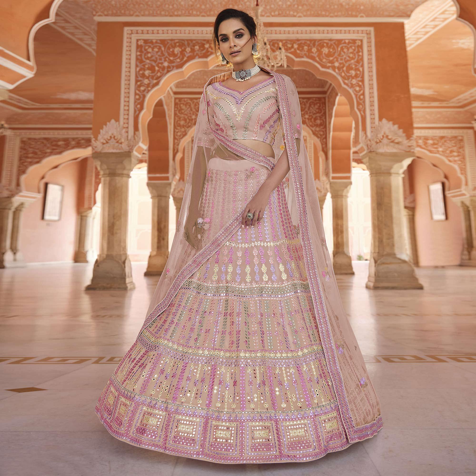 Peach Partywear Embellished Organza Lehenga Choli - Peachmode