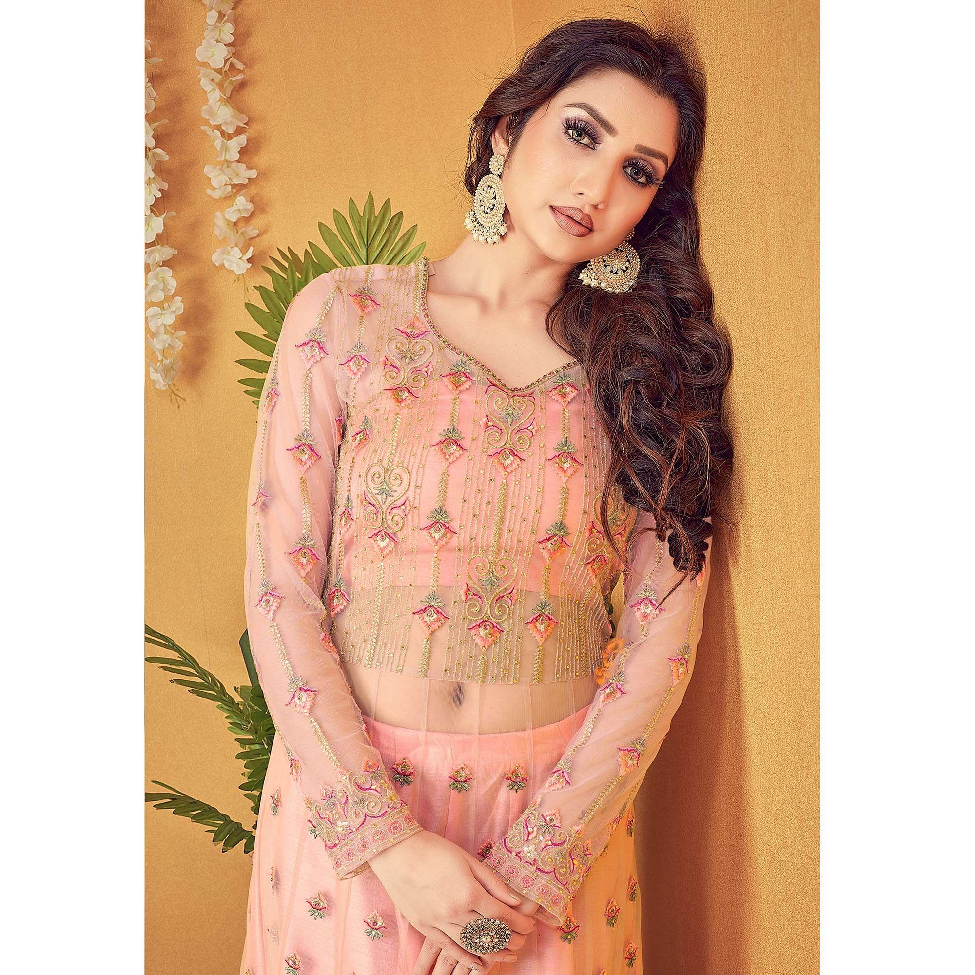 Peach Partywear Embroidered & Swarovski Soft Net Gown - Peachmode