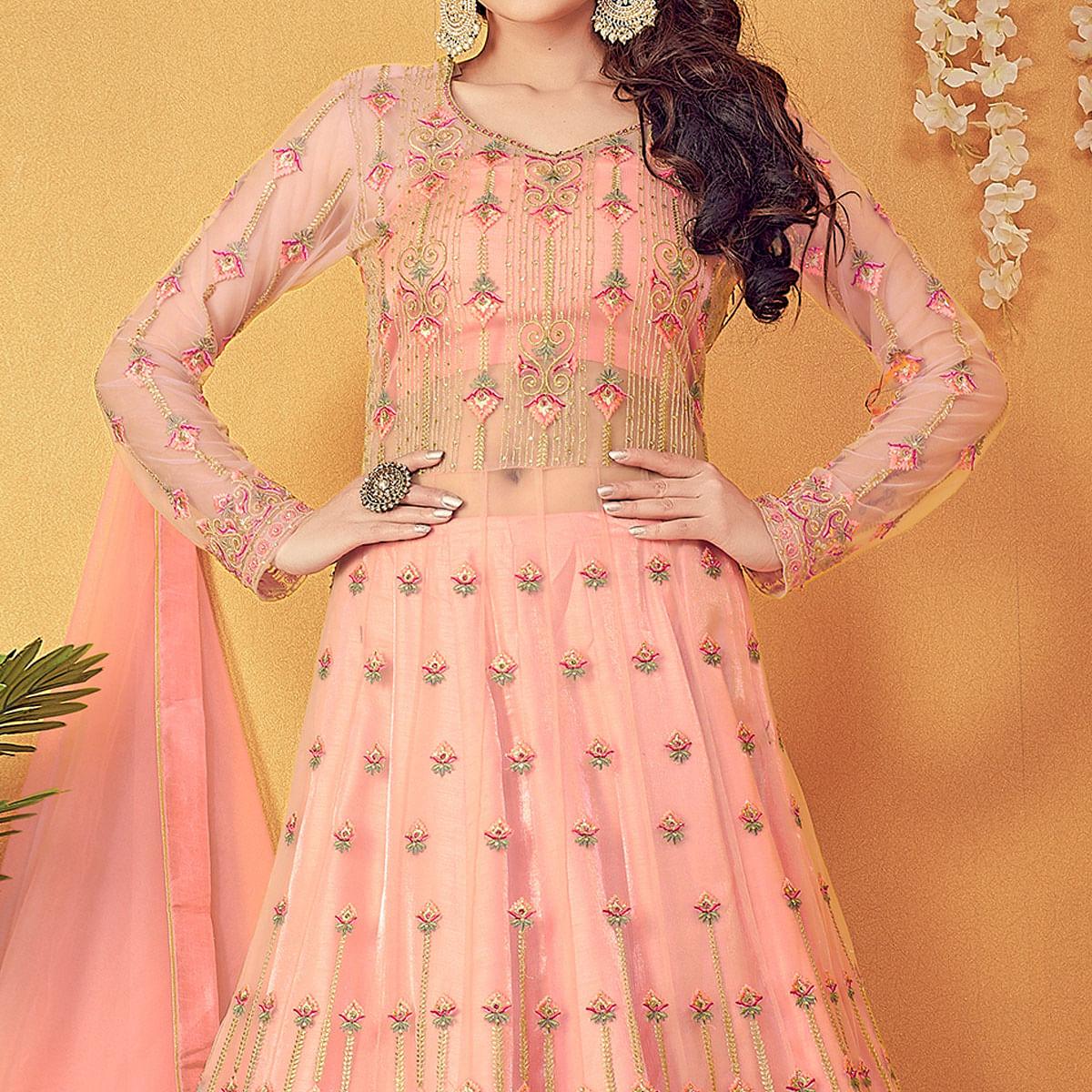 Peach Partywear Embroidered & Swarovski Soft Net Gown - Peachmode