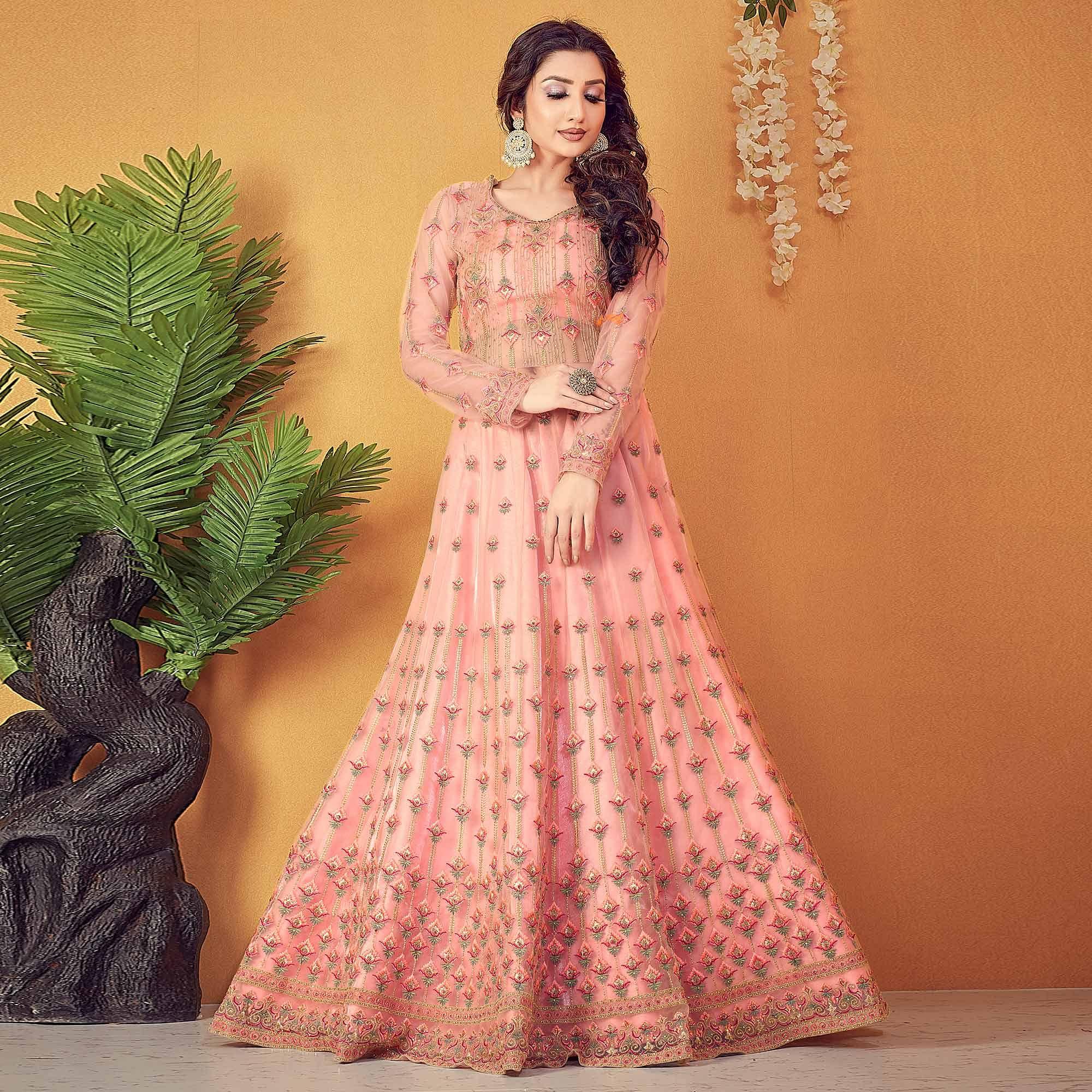 Peach Partywear Embroidered & Swarovski Soft Net Gown - Peachmode