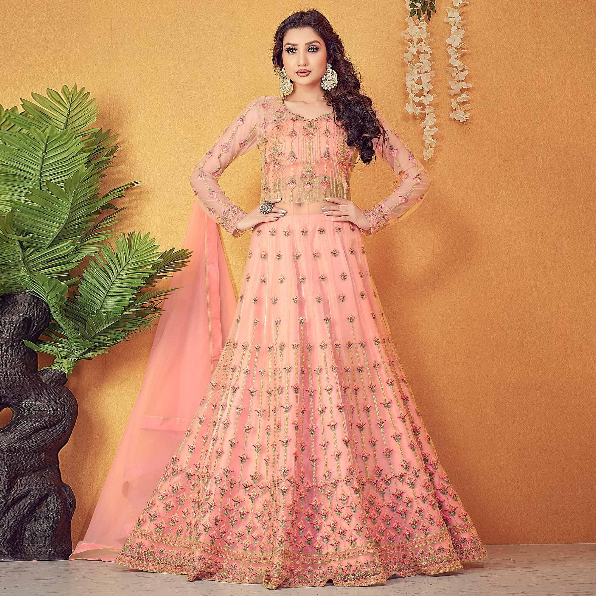 Peach Partywear Embroidered & Swarovski Soft Net Gown - Peachmode