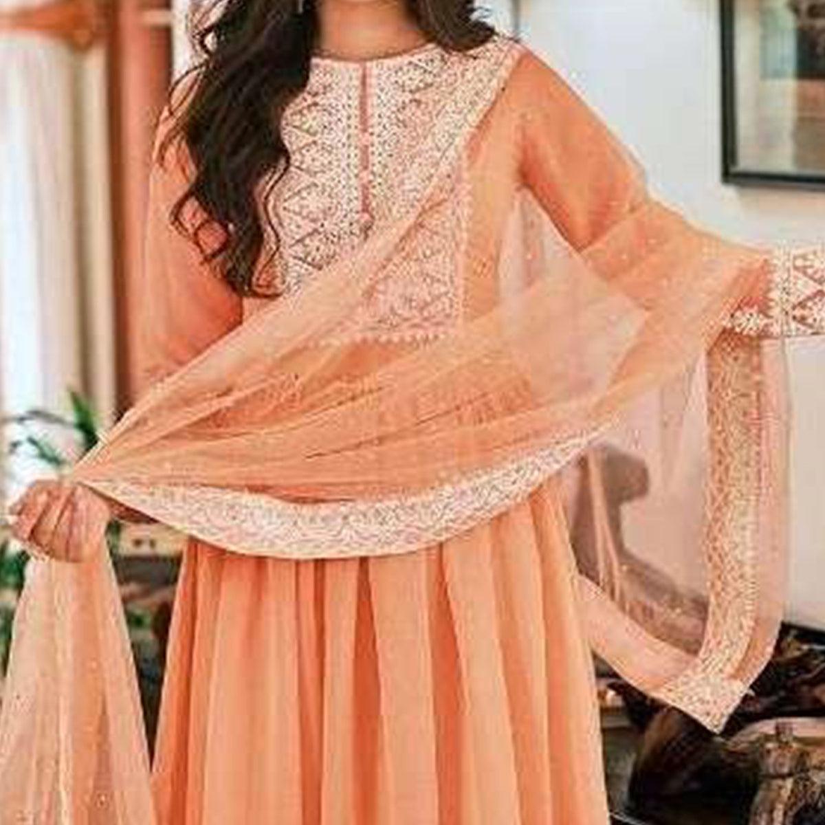 Peach Partywear Embroidered Faux Georgette Palazzo Suit - Peachmode