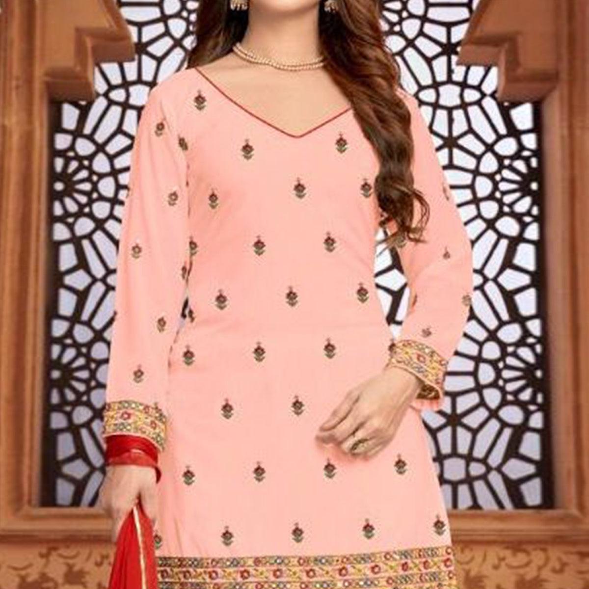 Peach Partywear Embroidered Faux Georgette Patiala Suit - Peachmode
