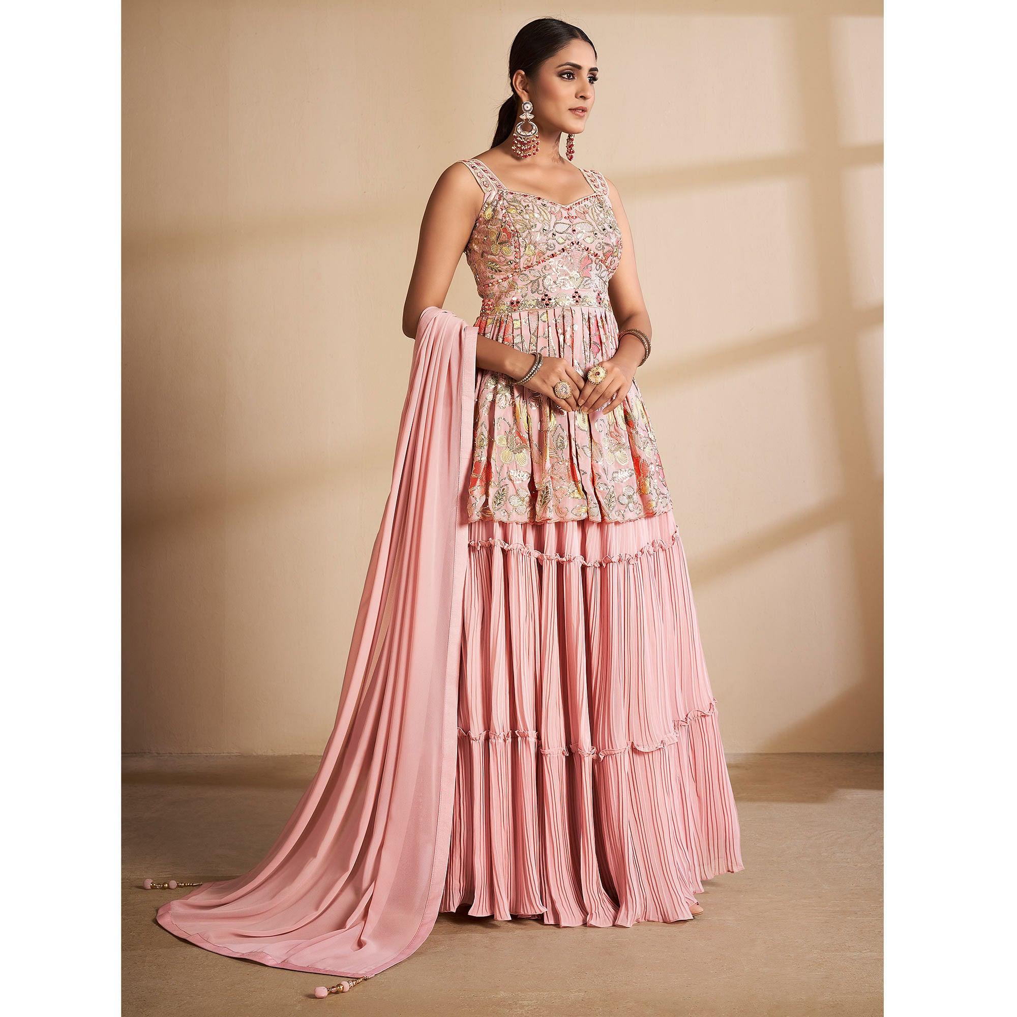 Peach Partywear Embroidered Georgette Sharara Suit - Peachmode