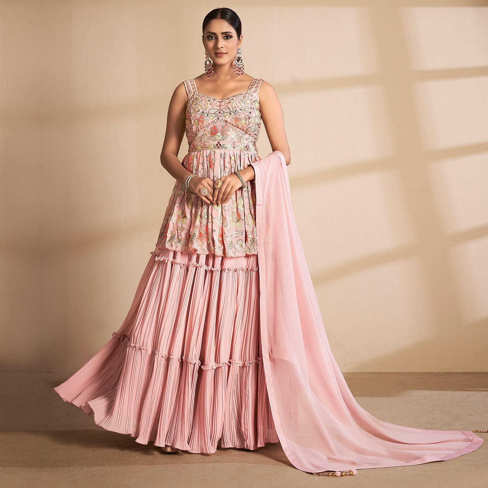 Peach Partywear Embroidered Georgette Sharara Suit - Peachmode