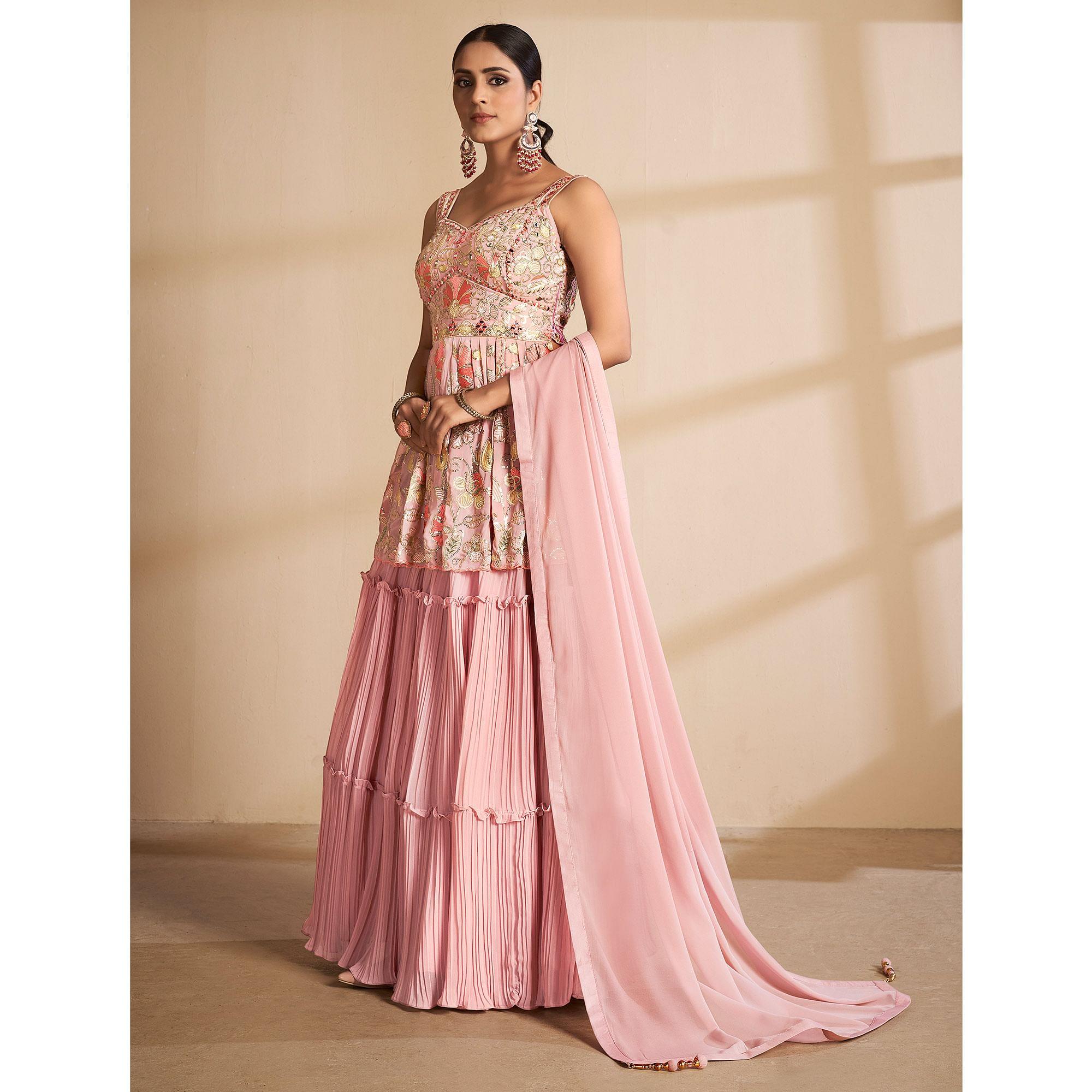 Peach Partywear Embroidered Georgette Sharara Suit - Peachmode