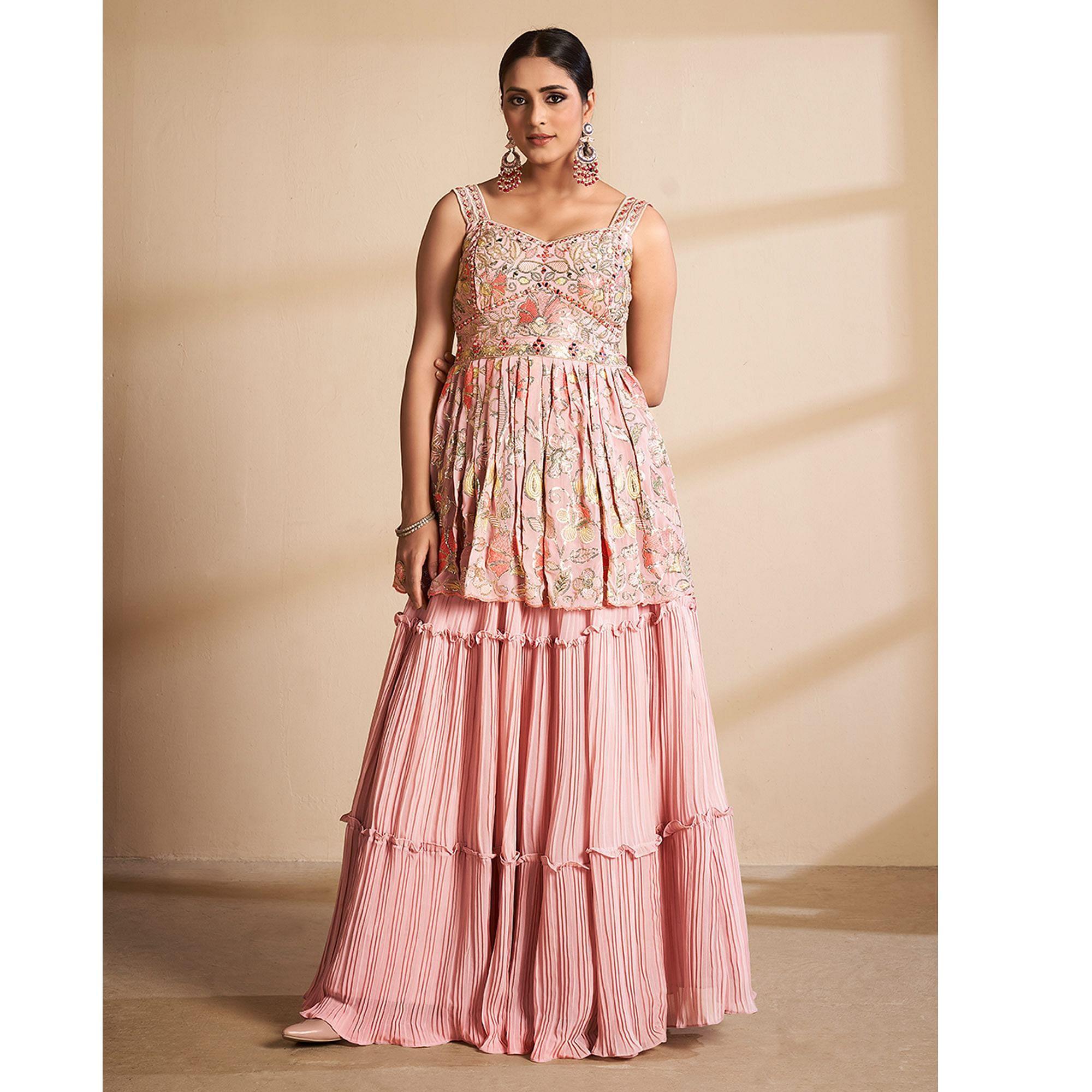 Peach Partywear Embroidered Georgette Sharara Suit - Peachmode