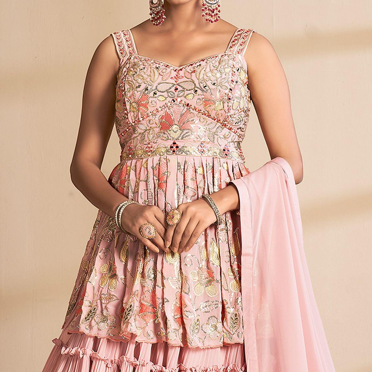 Peach Partywear Embroidered Georgette Sharara Suit - Peachmode