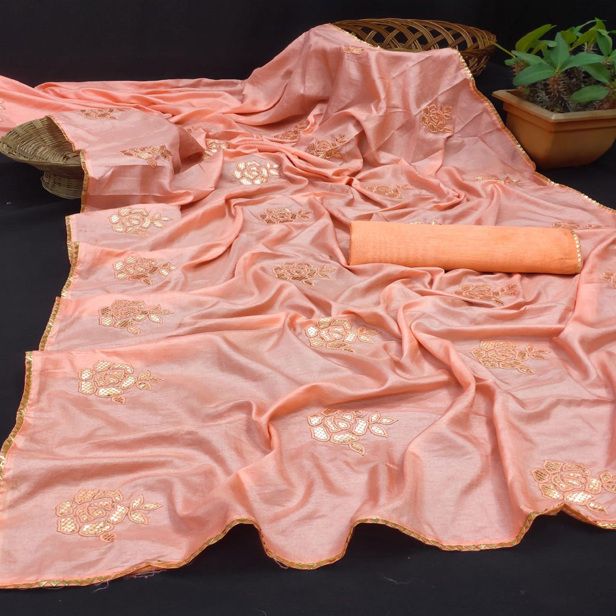 Peach Partywear Embroidered Gotta Work Dola Silk Saree - Peachmode