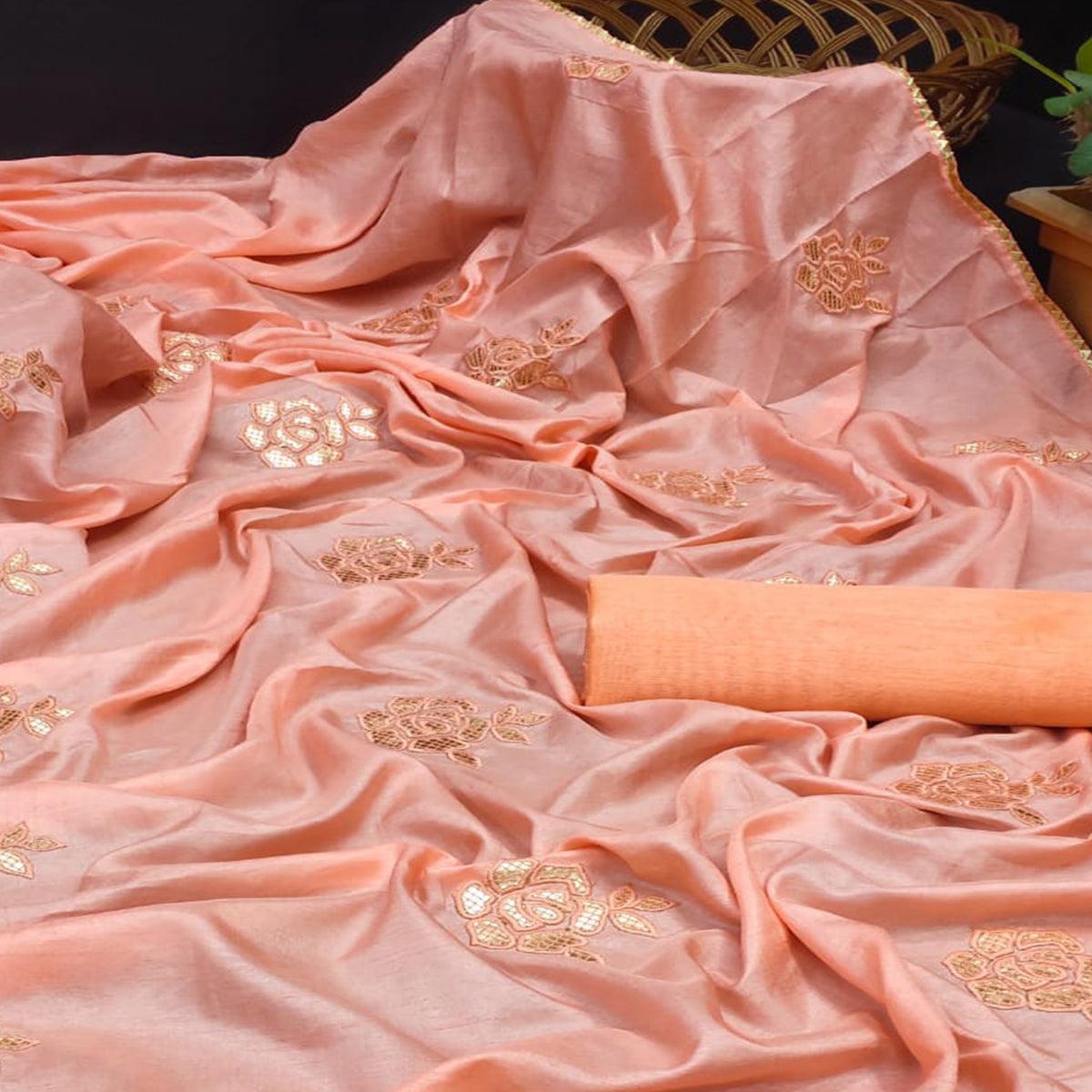 Peach Partywear Embroidered Gotta Work Dola Silk Saree - Peachmode