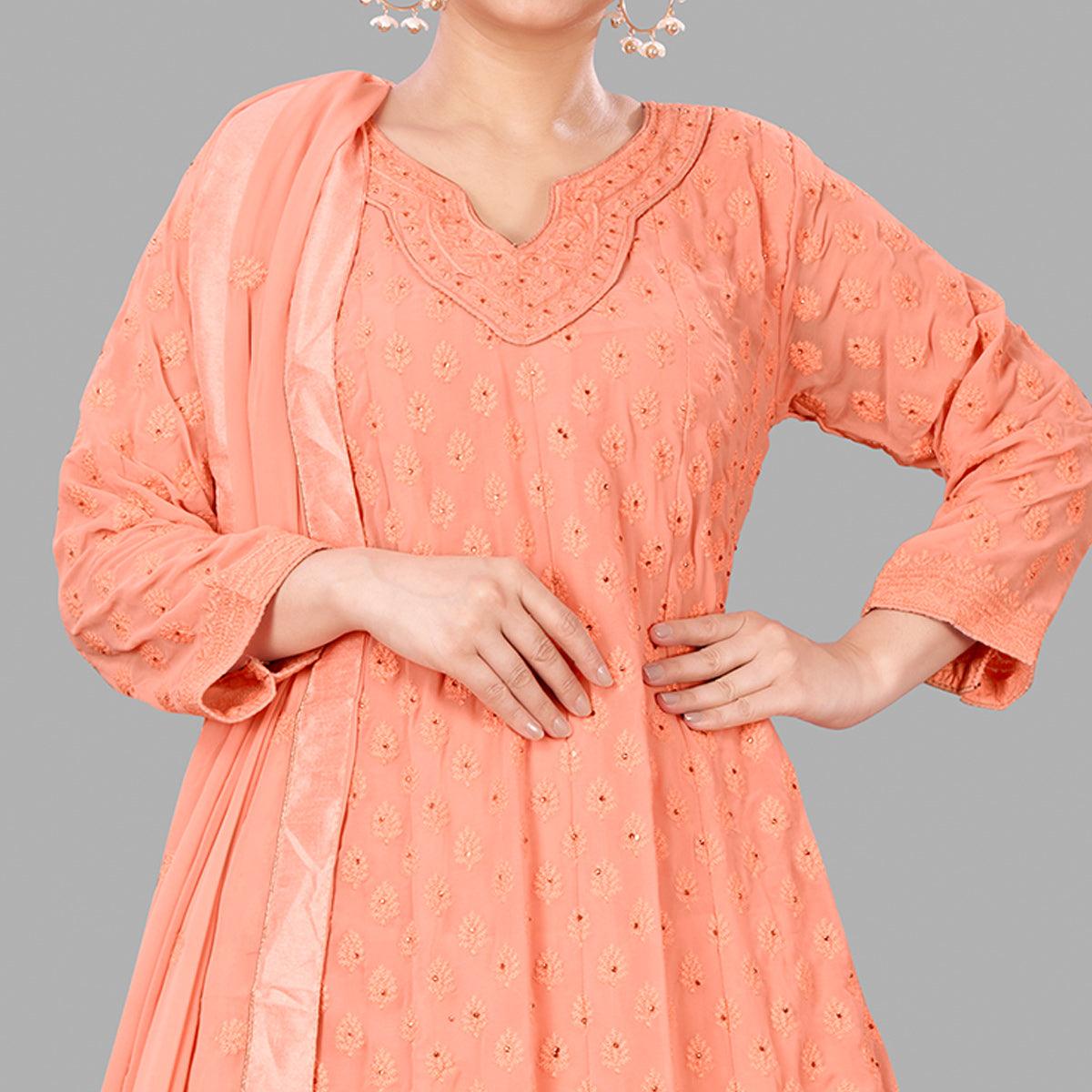 Peach Partywear Embroidered Heavy Faux Georgette A line Anarkali suit - Peachmode