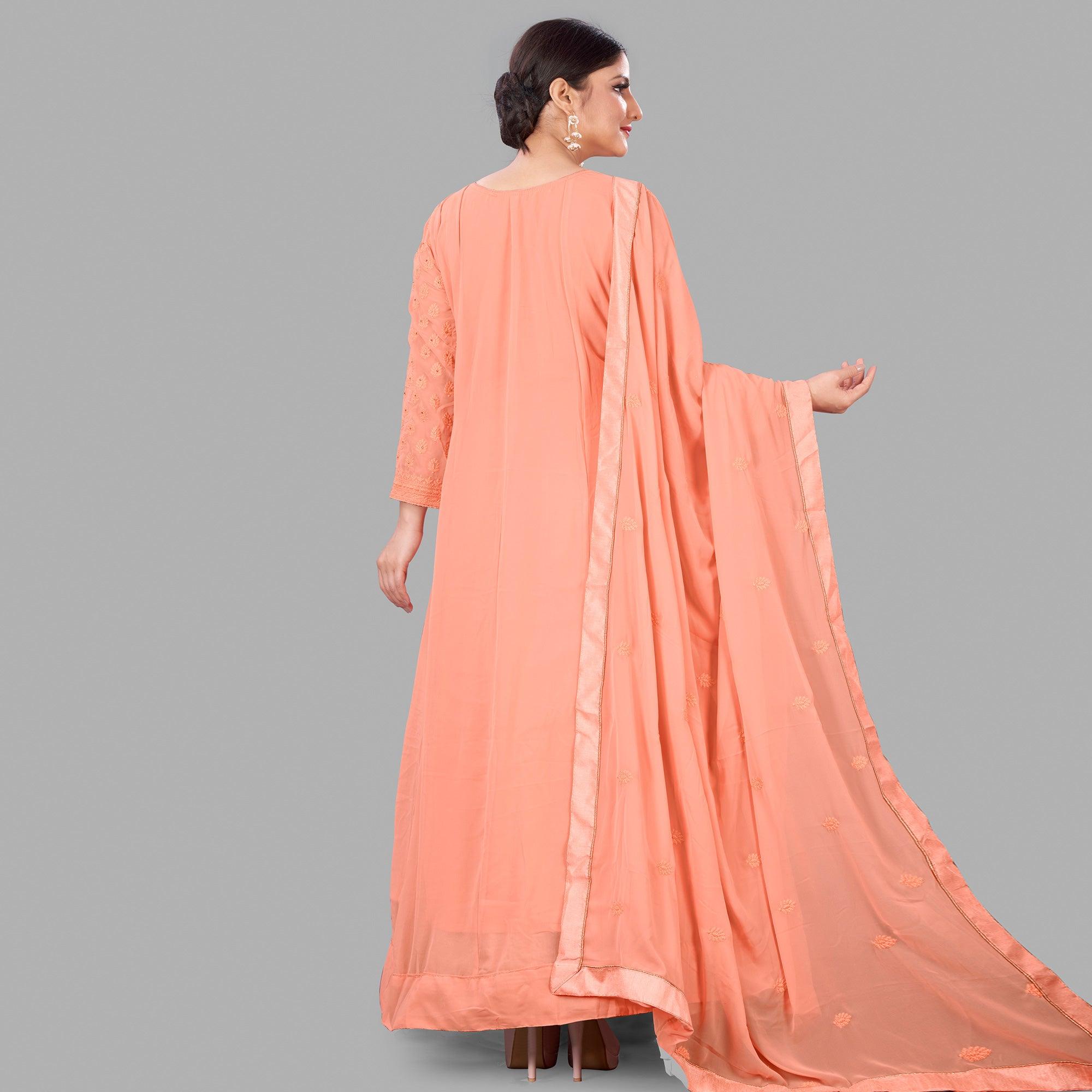 Peach Partywear Embroidered Heavy Faux Georgette A line Anarkali suit - Peachmode
