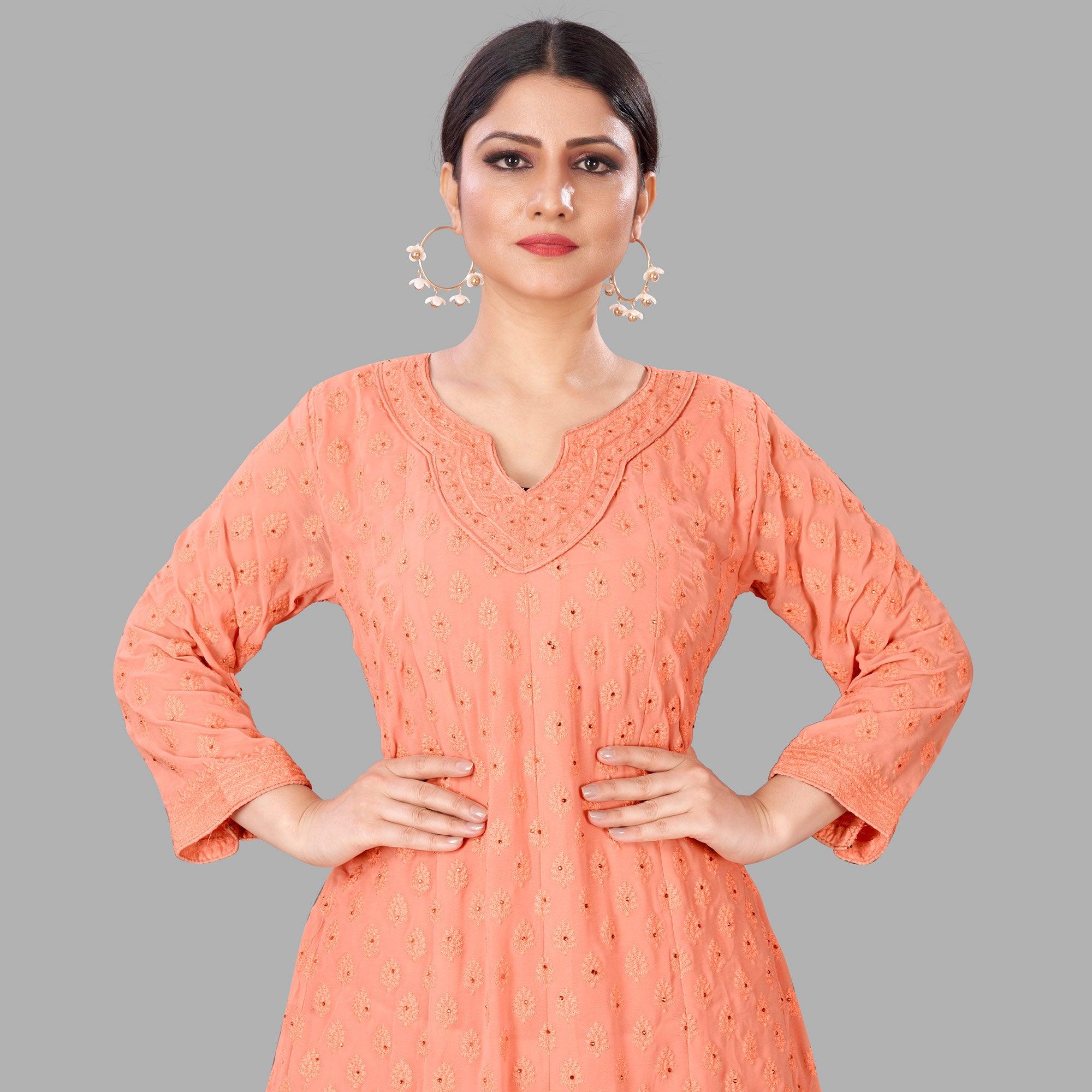 Peach Partywear Embroidered Heavy Faux Georgette A line Anarkali suit - Peachmode