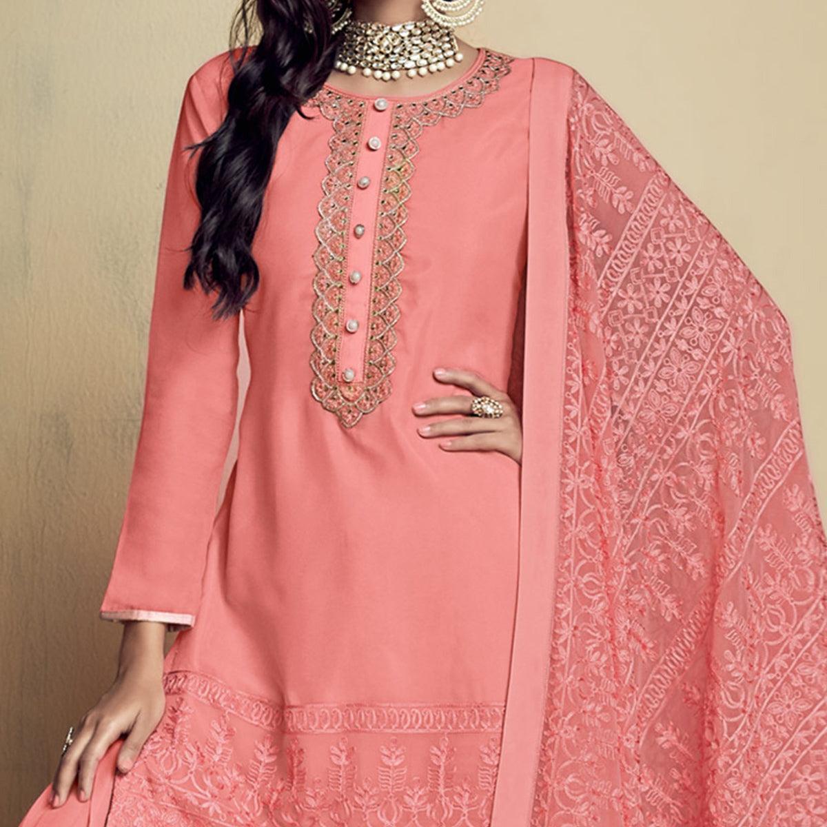 Peach Partywear Embroidered Heavy Georgette Sharara Suit - Peachmode