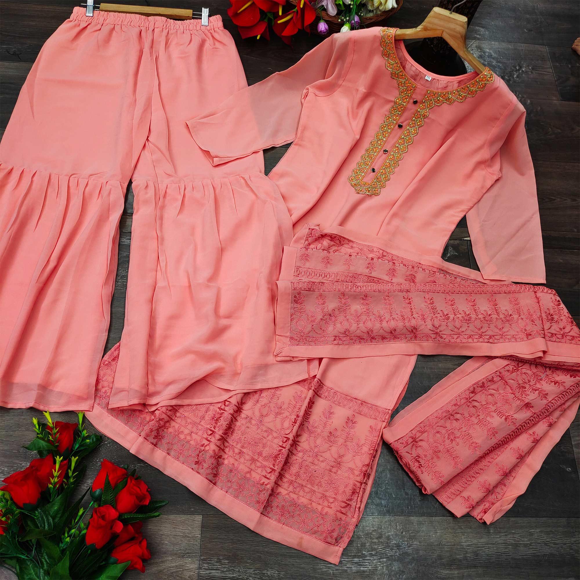 Peach Partywear Embroidered Heavy Georgette Sharara Suit - Peachmode