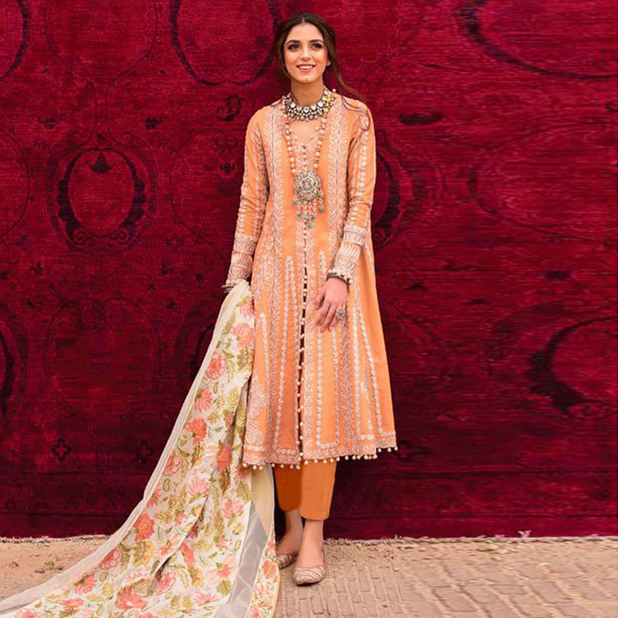Peach Partywear Embroidered Heavy Jam Cotton Pakistani Suit - Peachmode