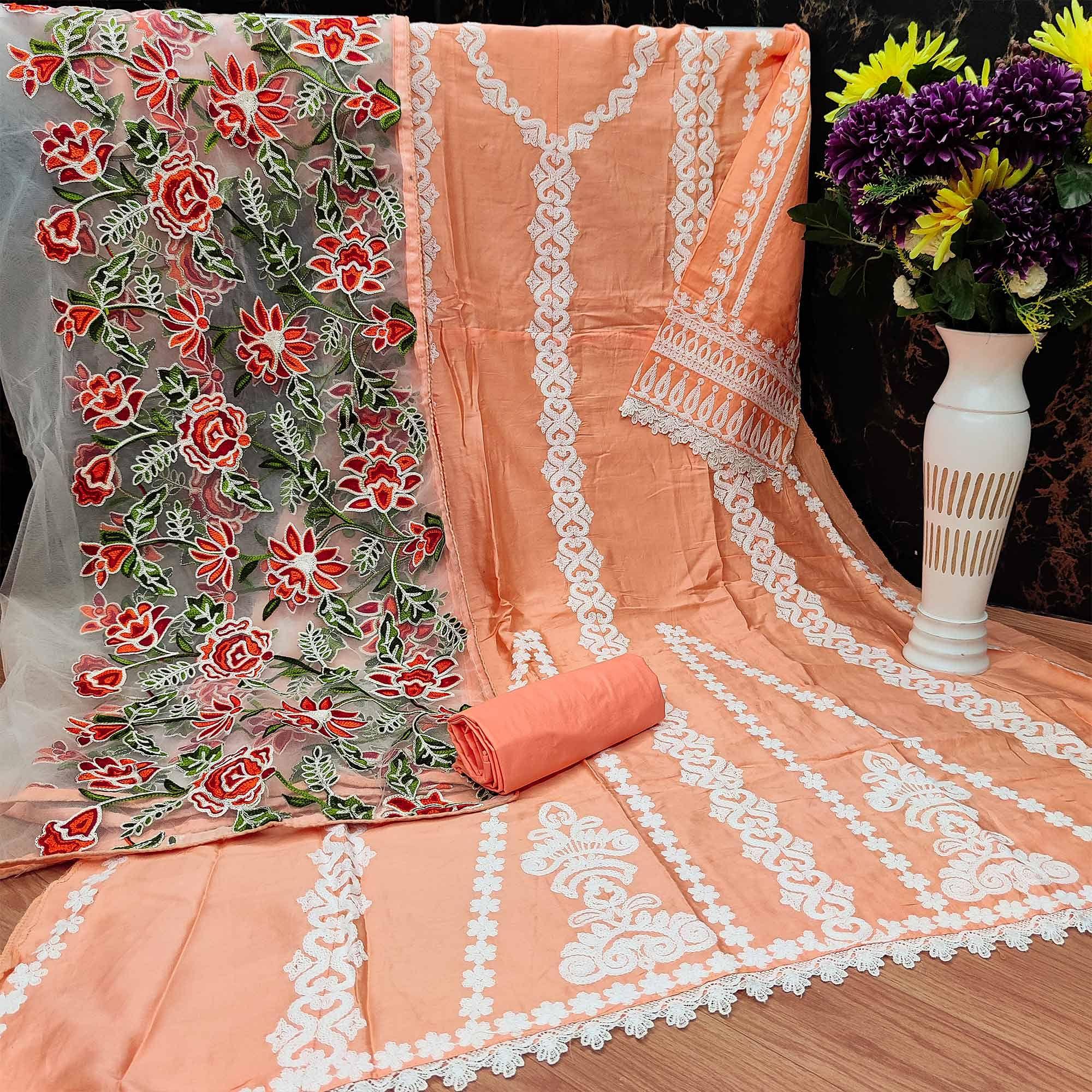 Peach Partywear Embroidered Heavy Jam Cotton Pakistani Suit - Peachmode