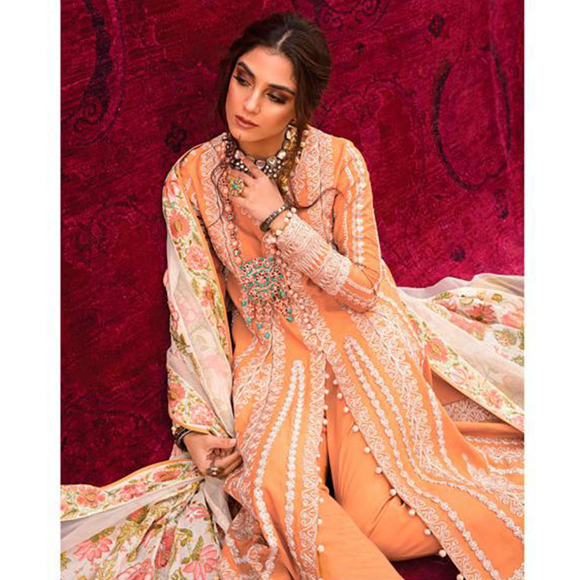 Peach Partywear Embroidered Heavy Jam Cotton Pakistani Suit - Peachmode