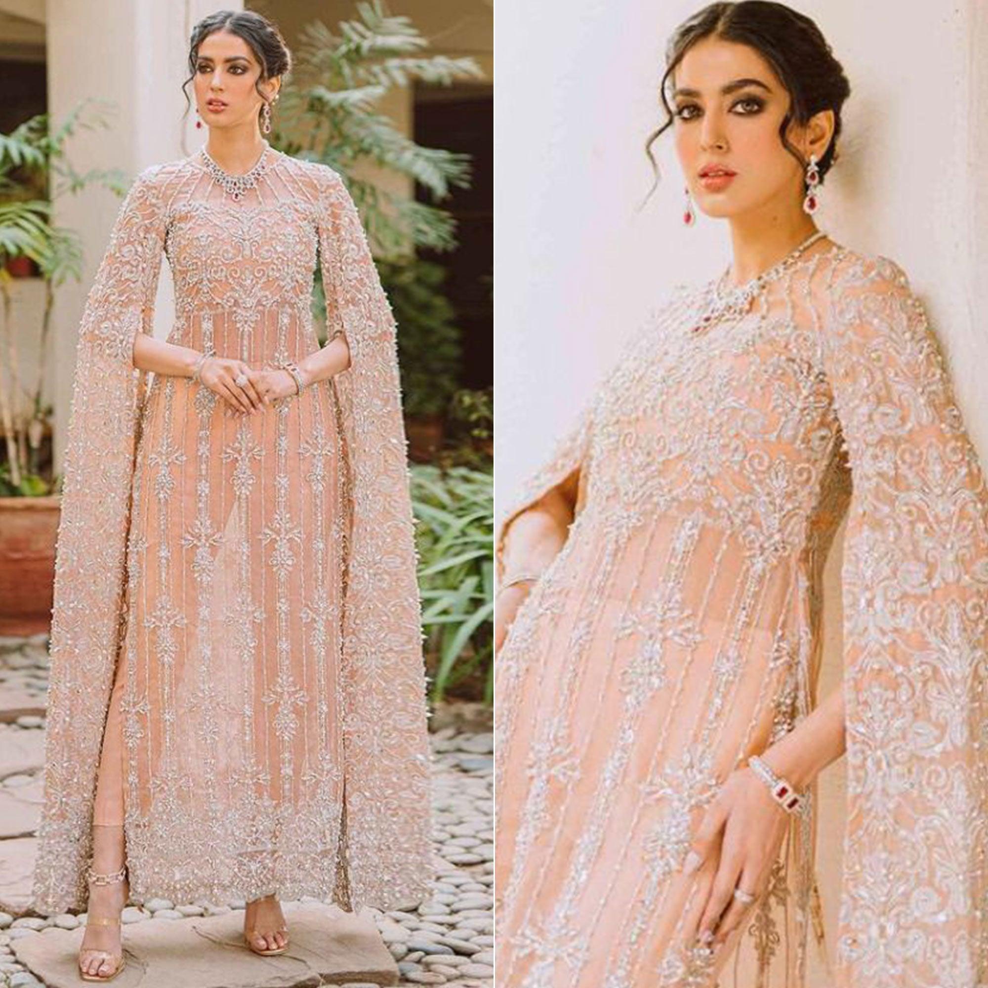 Peach Partywear Embroidered Net Pakistani Suit - Peachmode