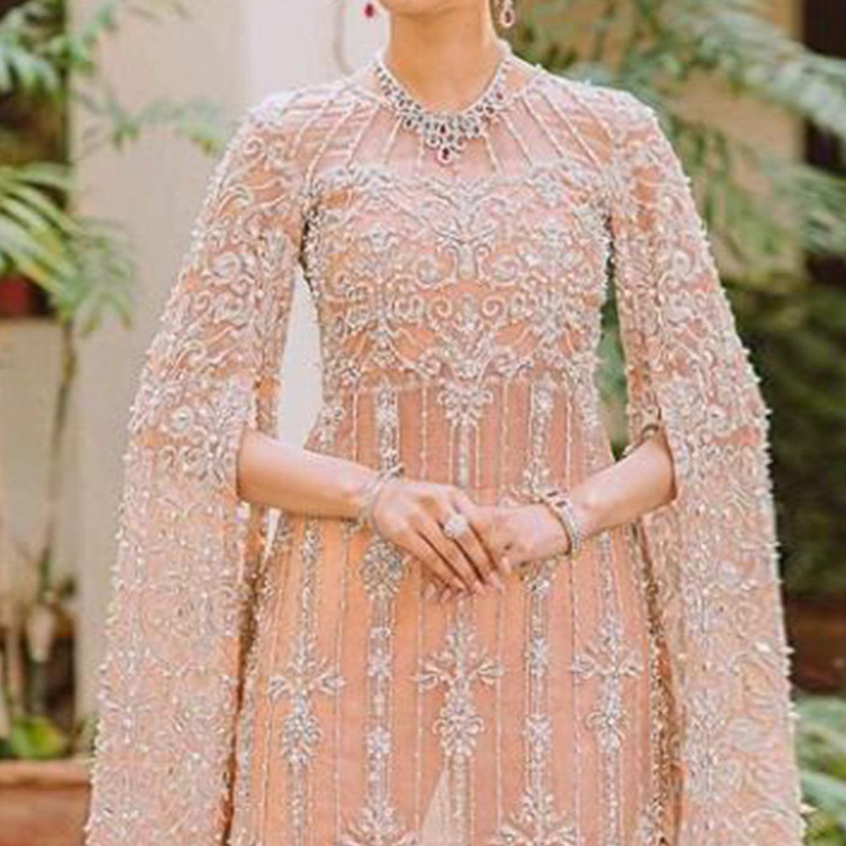 Peach Partywear Embroidered Net Pakistani Suit - Peachmode