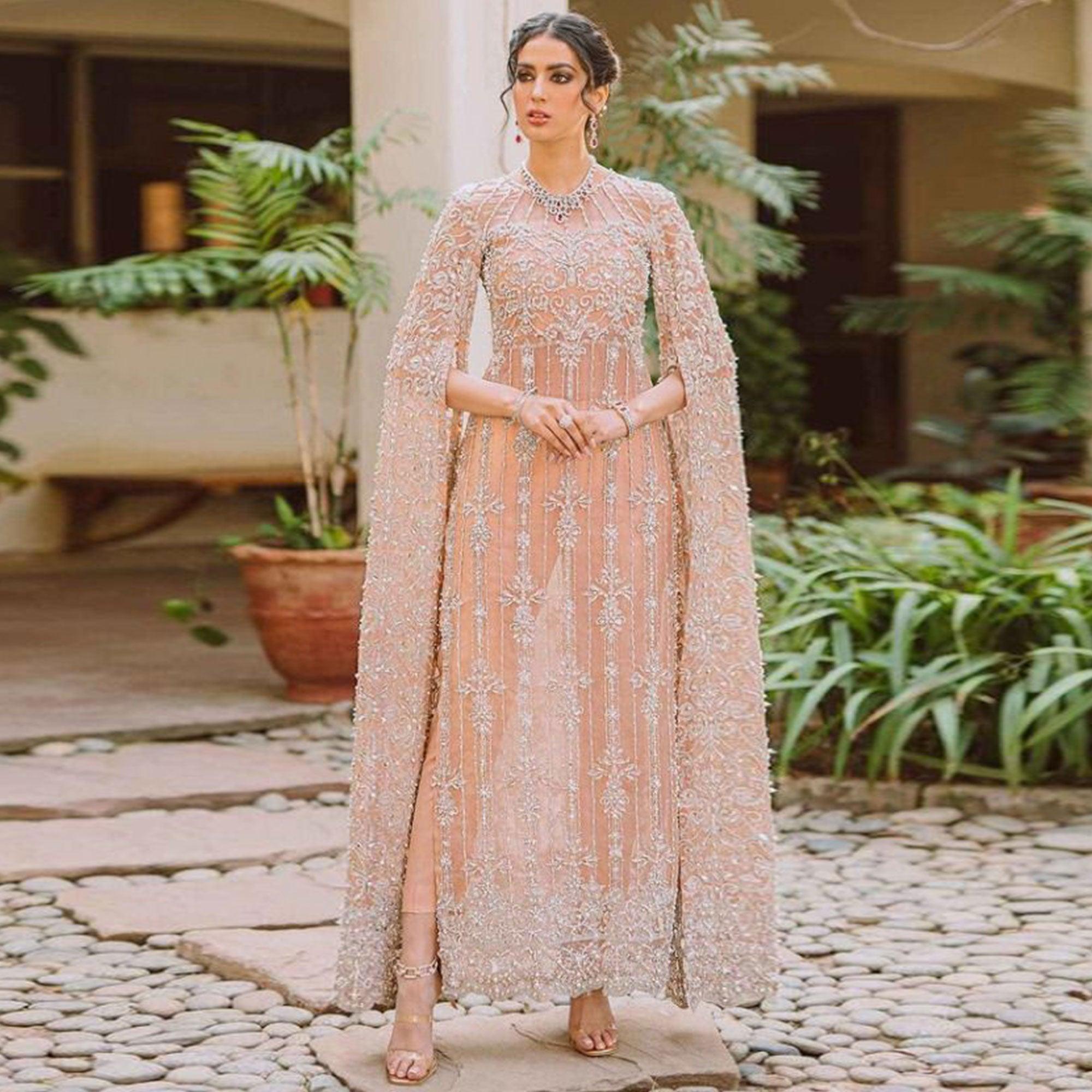 Peach Partywear Embroidered Net Pakistani Suit - Peachmode