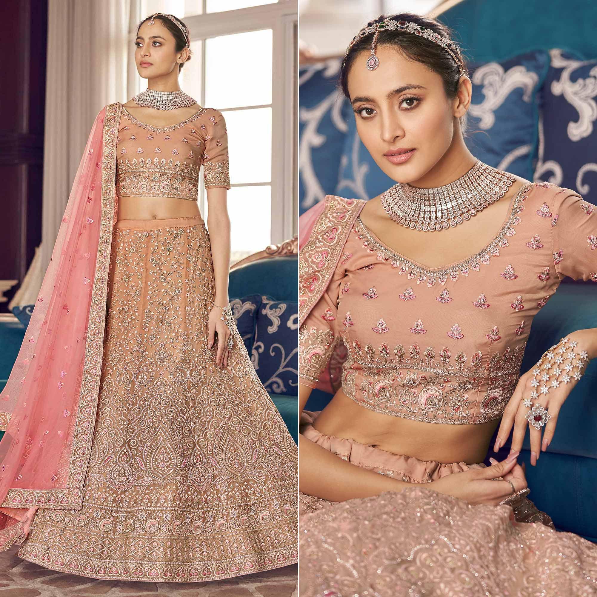 Peach Partywear Embroidered Organza Lehenga Choli - Peachmode
