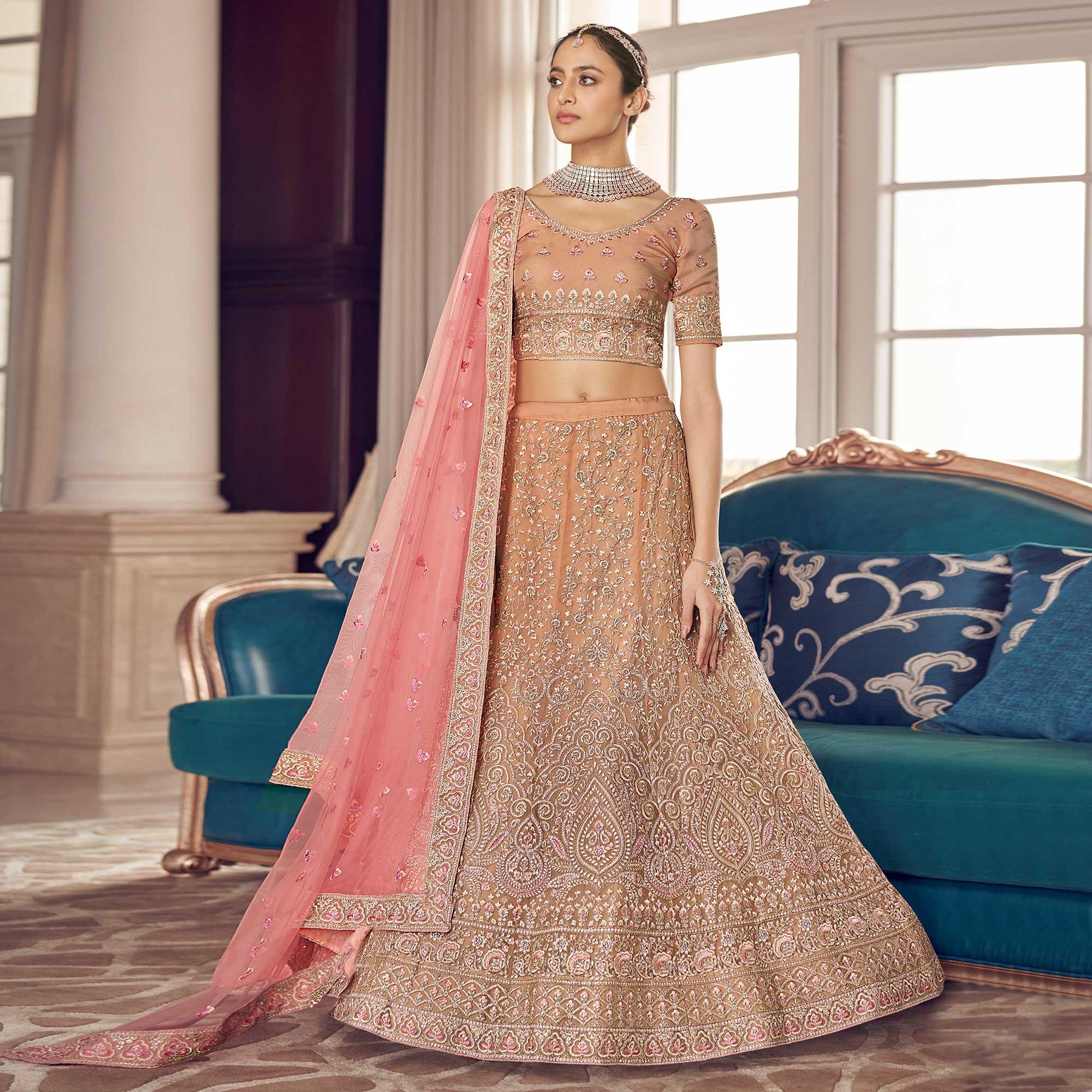 Peach Partywear Embroidered Organza Lehenga Choli - Peachmode