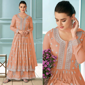 Peach Partywear Embroidered Rayon Palazzo Suit - Peachmode