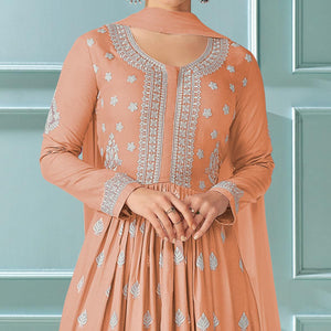 Peach Partywear Embroidered Rayon Palazzo Suit - Peachmode