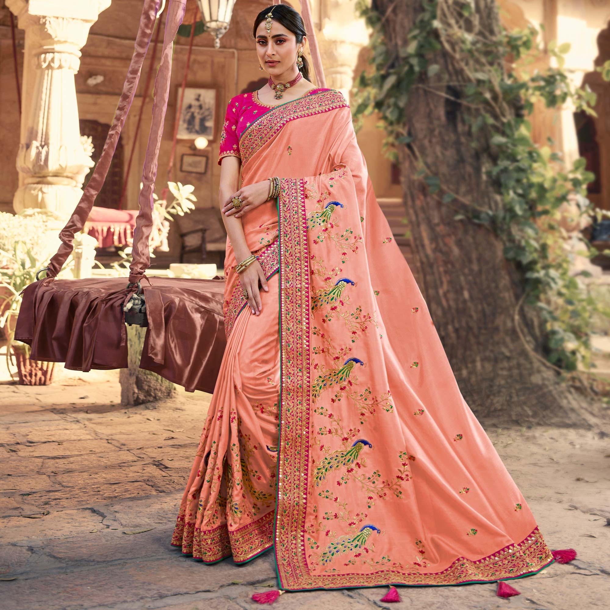 Peach Partywear Embroidered Silk Saree - Peachmode