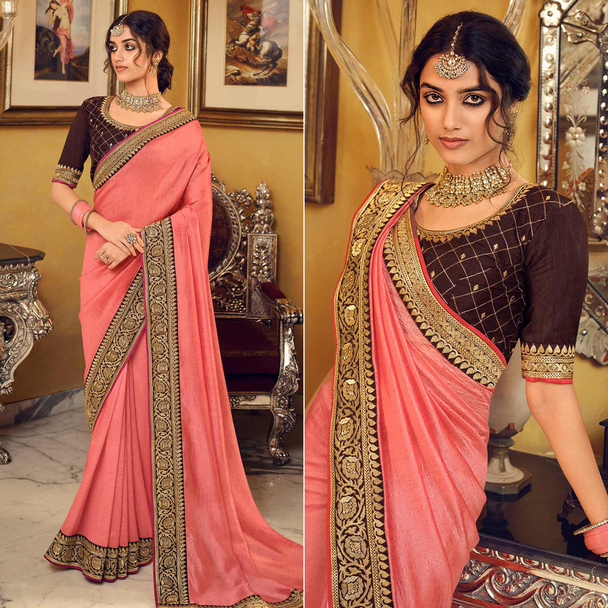 Peach Partywear Embroidered Silk Saree - Peachmode