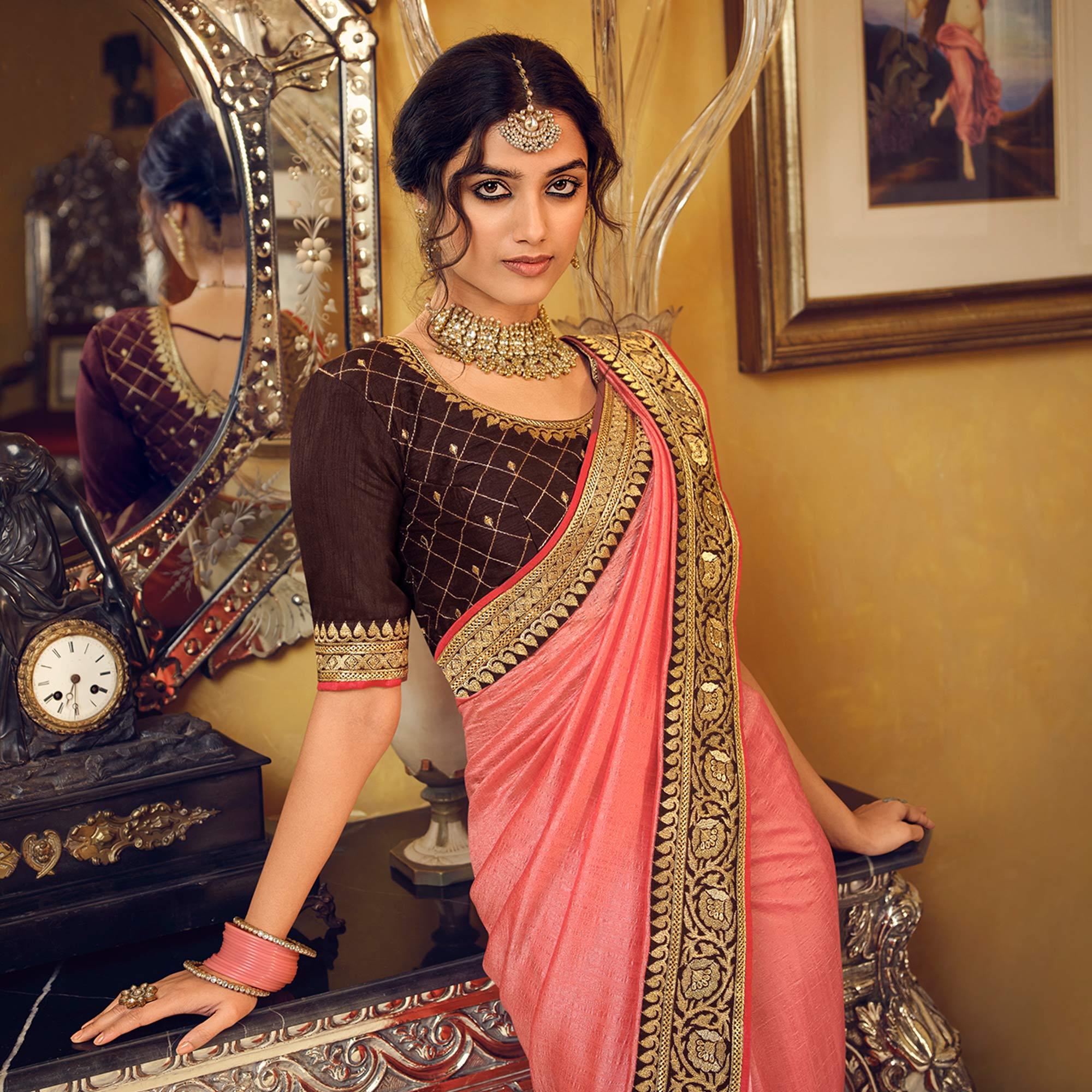 Peach Partywear Embroidered Silk Saree - Peachmode
