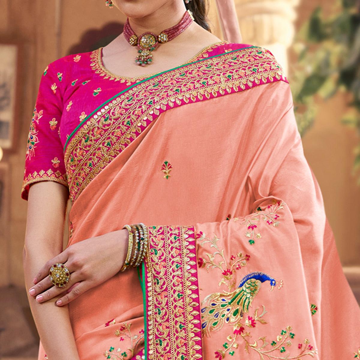 Peach Partywear Embroidered Silk Saree - Peachmode