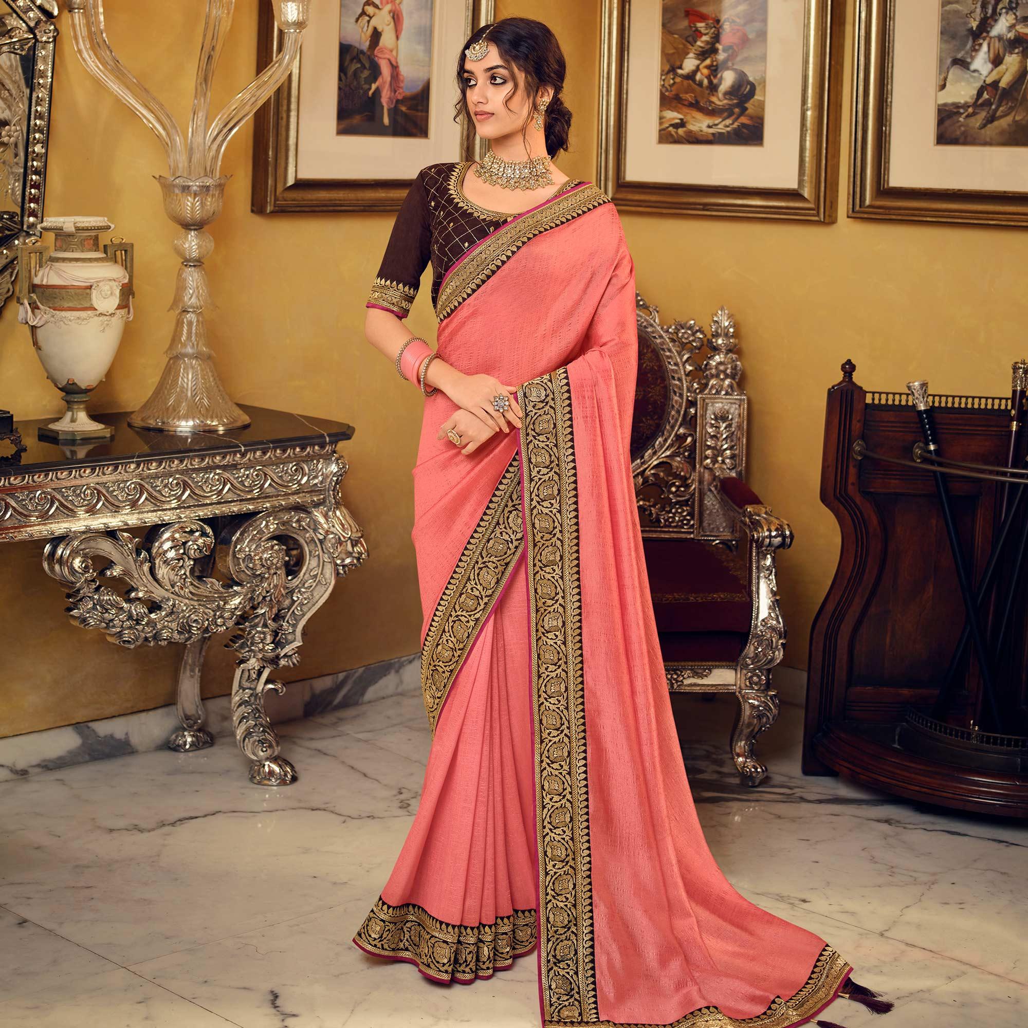 Peach Partywear Embroidered Silk Saree - Peachmode