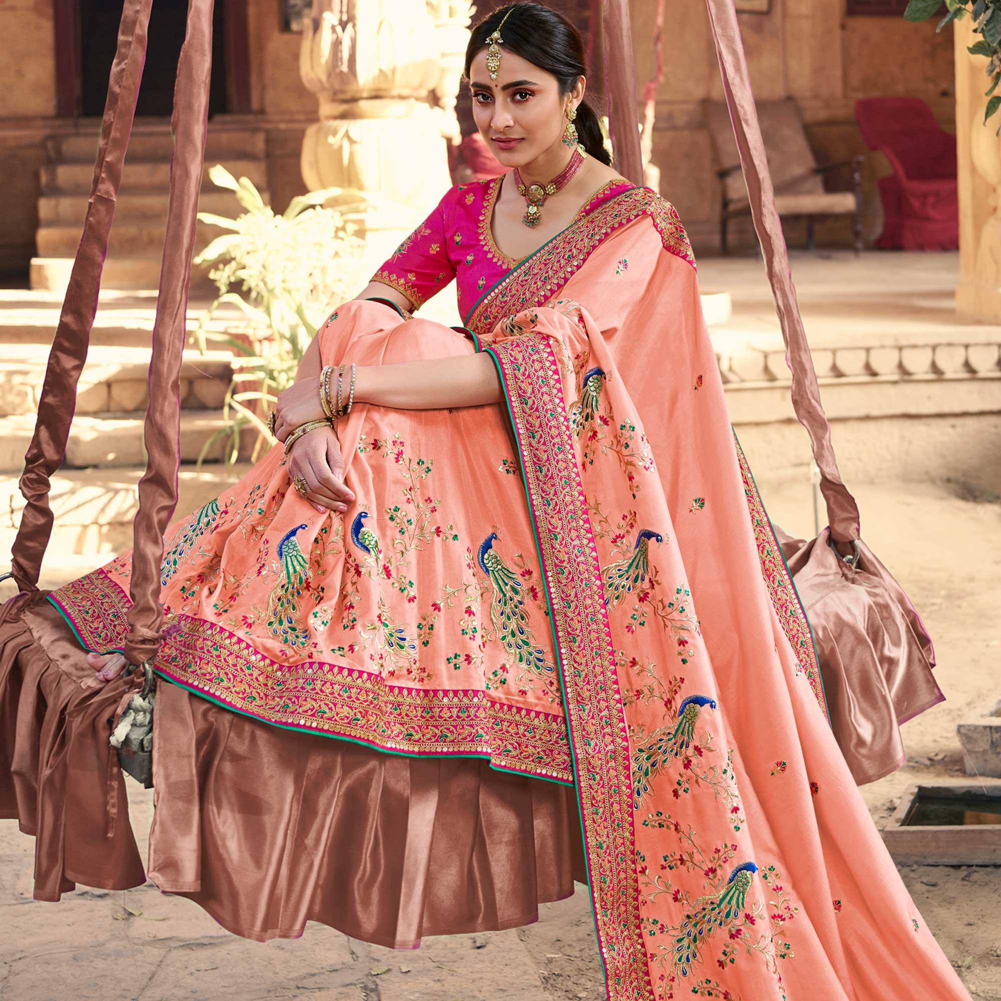 Peach Partywear Embroidered Silk Saree - Peachmode