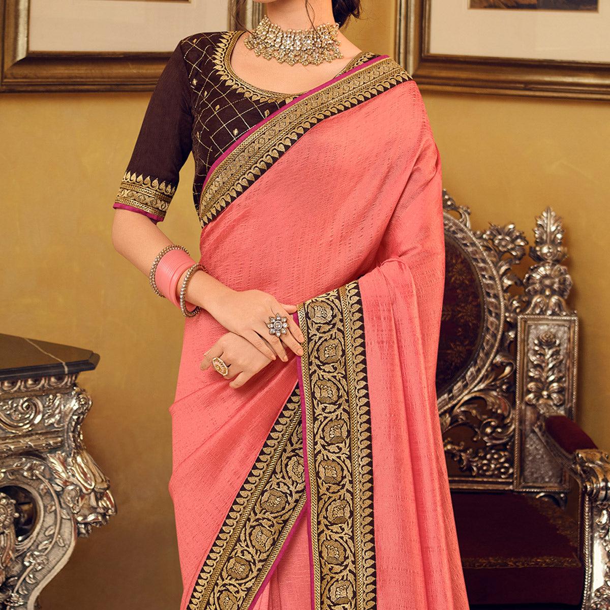Peach Partywear Embroidered Silk Saree - Peachmode