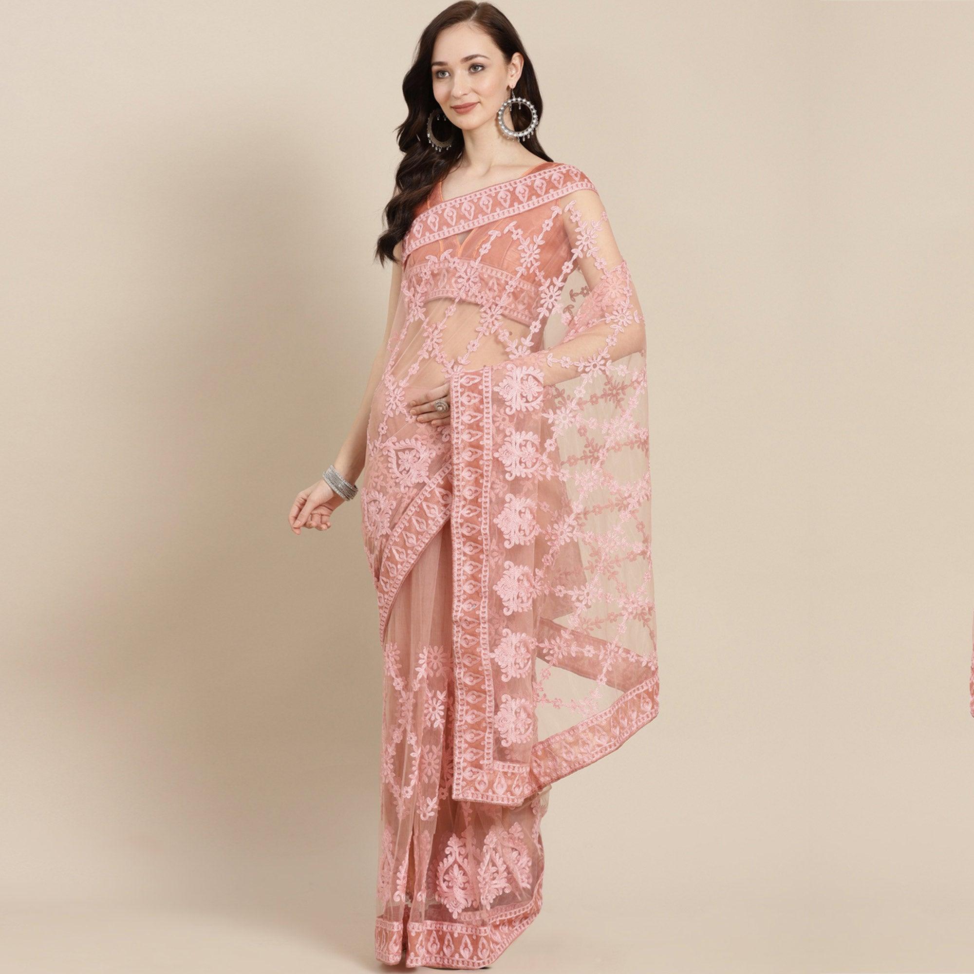 Peach Partywear Embroidered Soft Net Saree - Peachmode