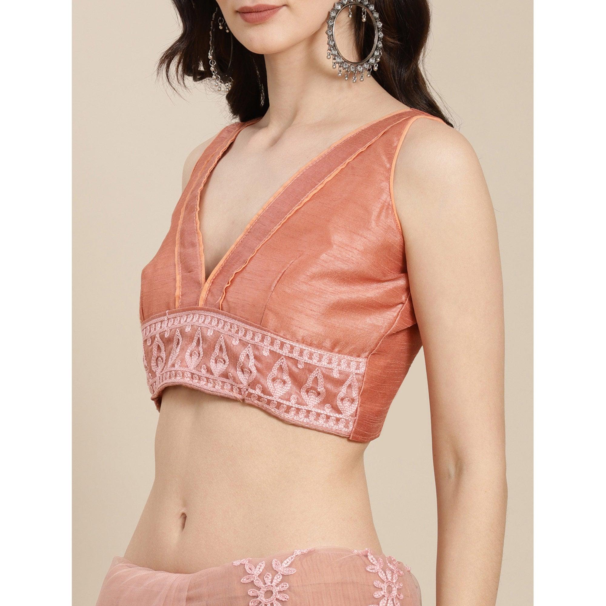 Peach Partywear Embroidered Soft Net Saree - Peachmode