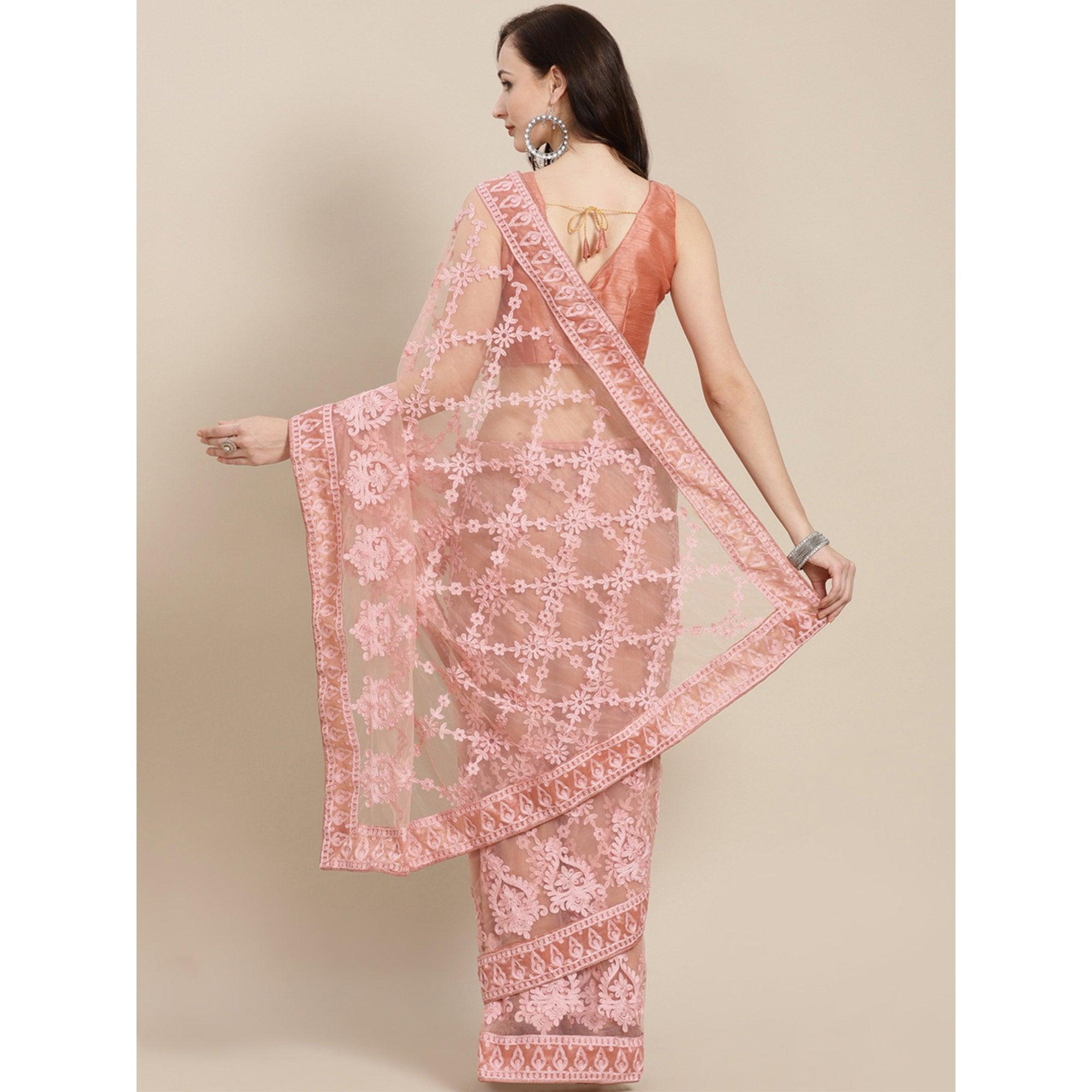 Peach Partywear Embroidered Soft Net Saree - Peachmode