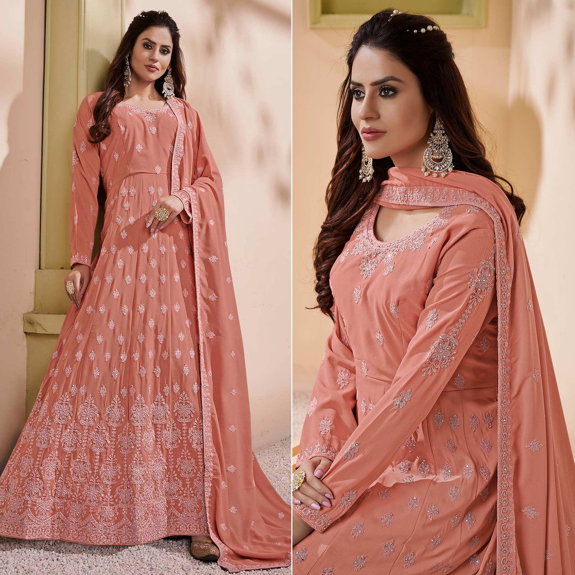 Peach Partywear Embroidered With Embellished Georgette Gown - Peachmode