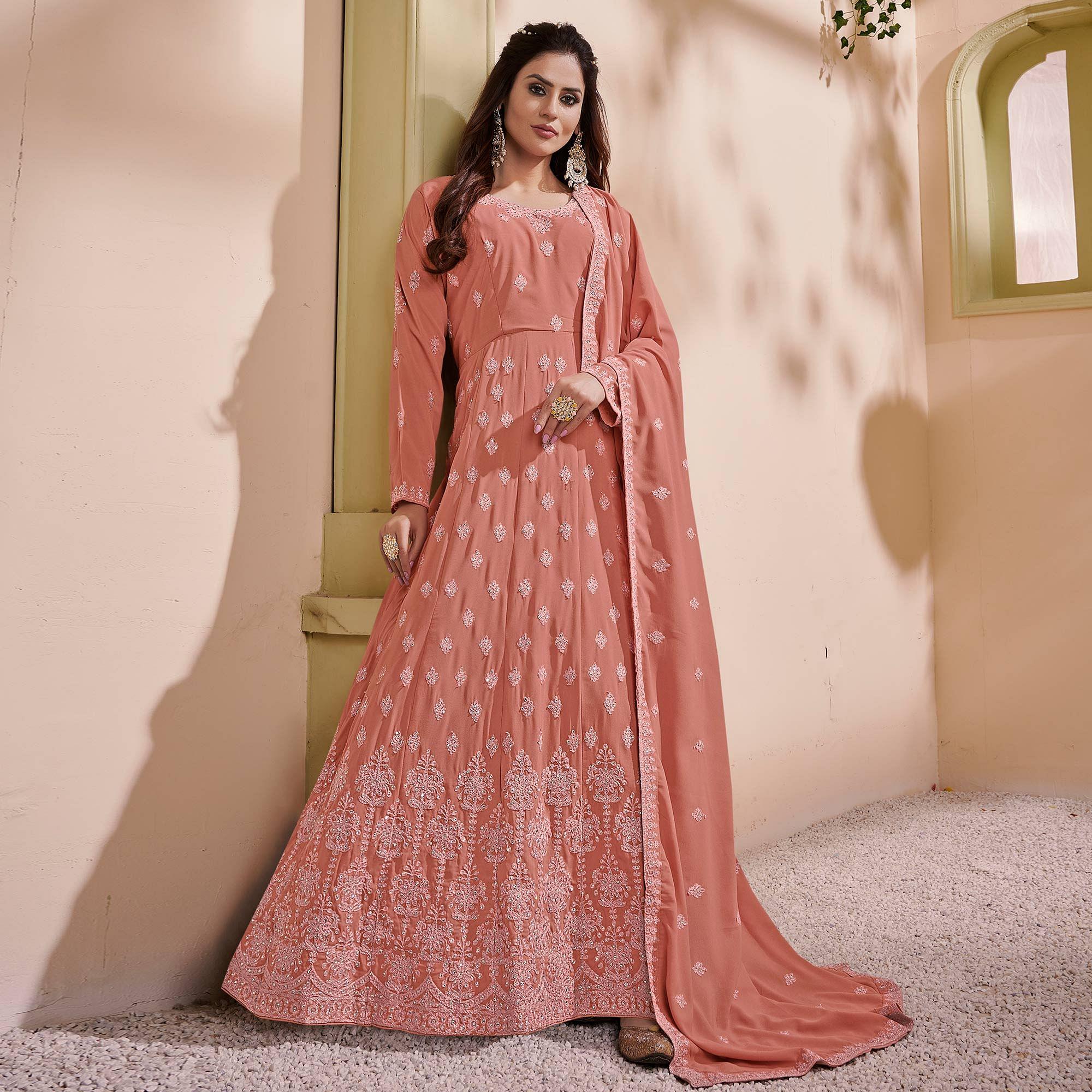 Peach Partywear Embroidered With Embellished Georgette Gown - Peachmode
