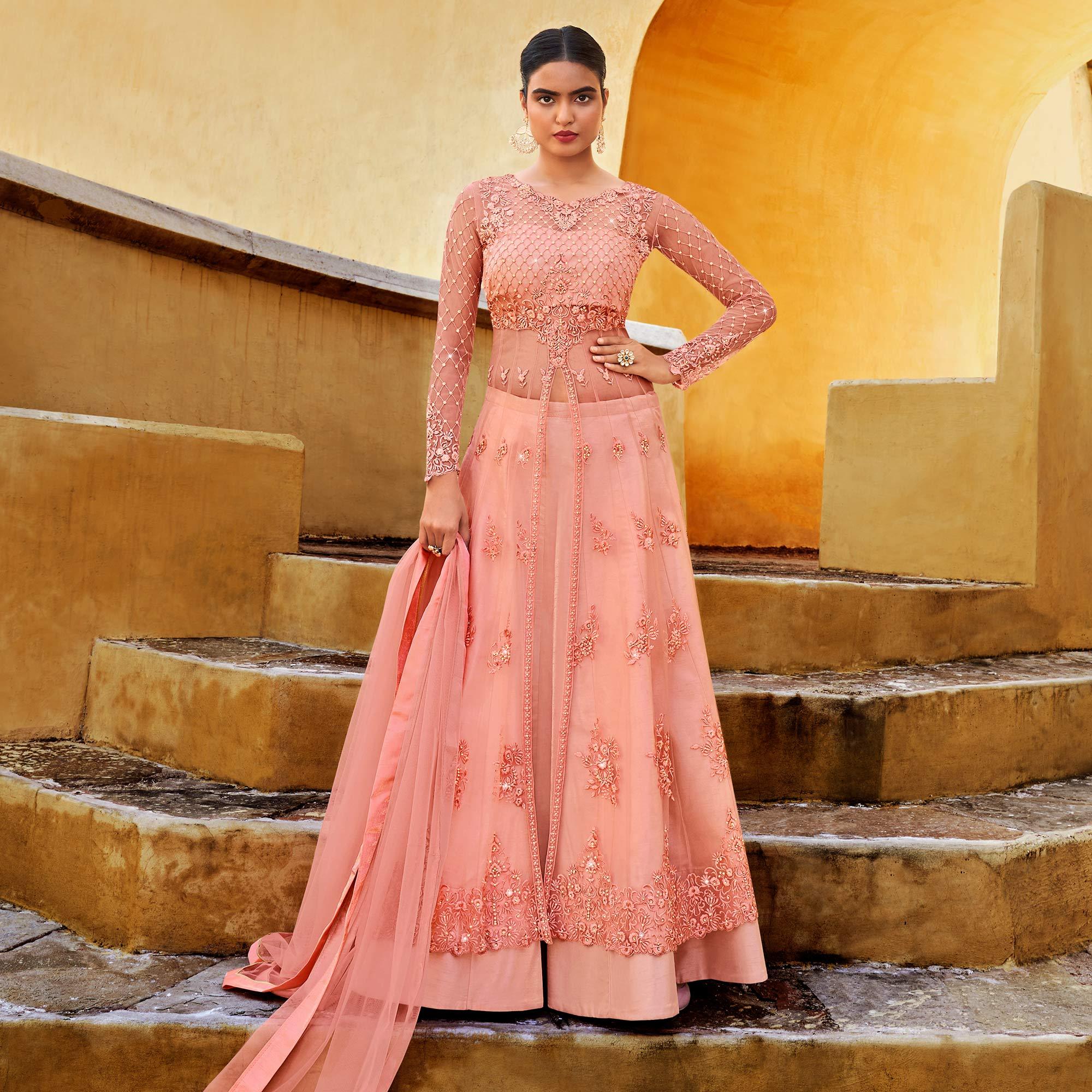 Peach Partywear Embroidered with Swarovski Soft Net Suit - Peachmode