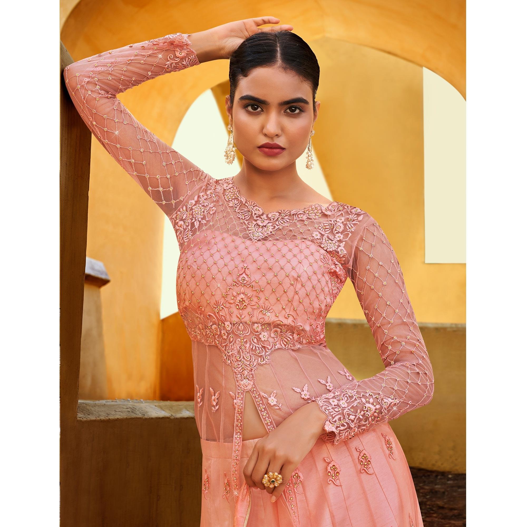 Peach Partywear Embroidered with Swarovski Soft Net Suit - Peachmode