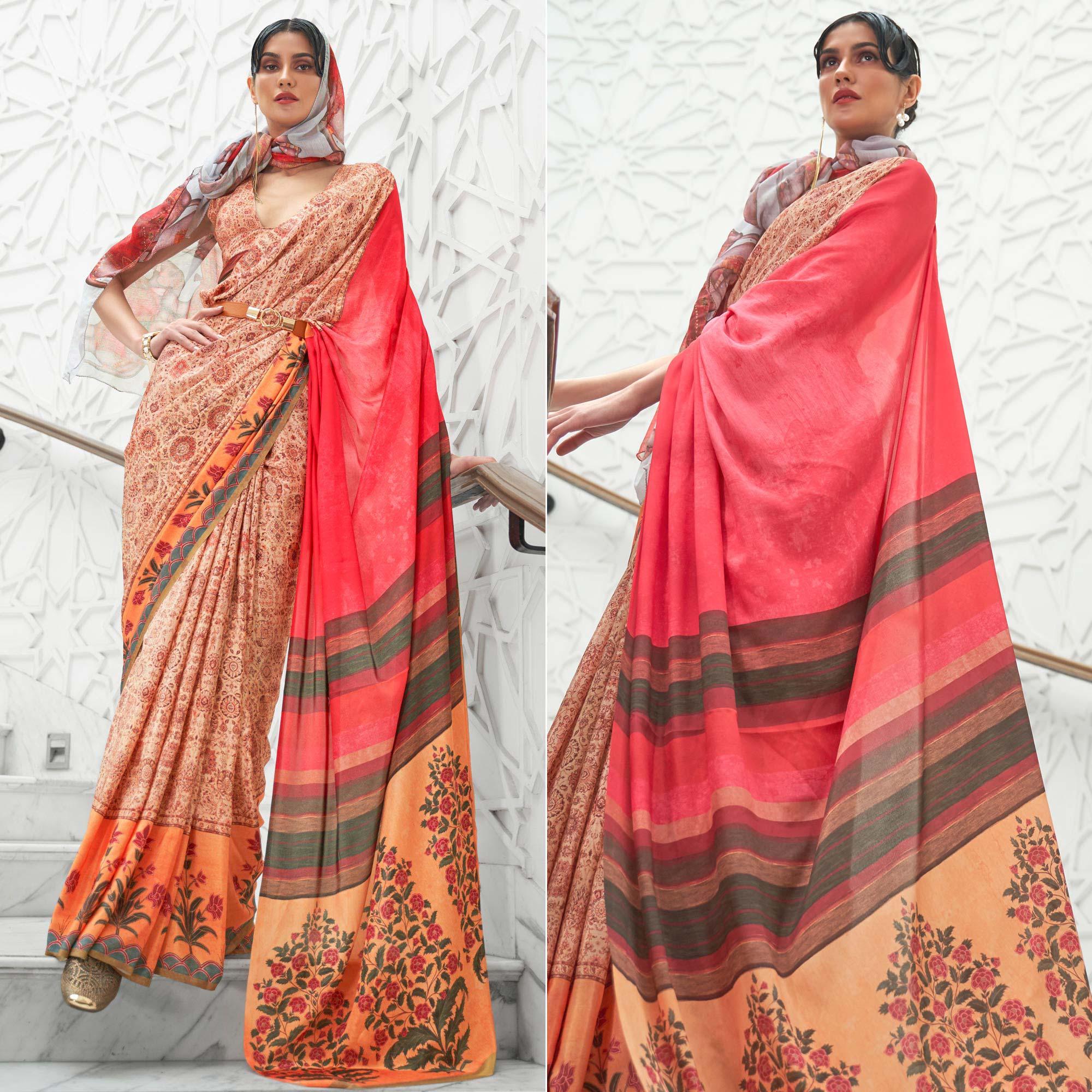 Peach Partywear Floral Digital Printed Silk Saree - Peachmode